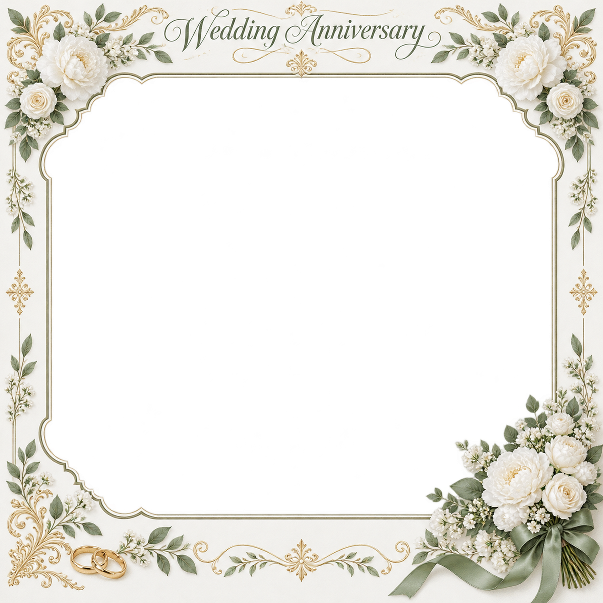 白グリーンの飾り枠｜結婚写真フレーム・花束と曲線の写真フレームの無料イラスト 101260に写真・文字を入れる