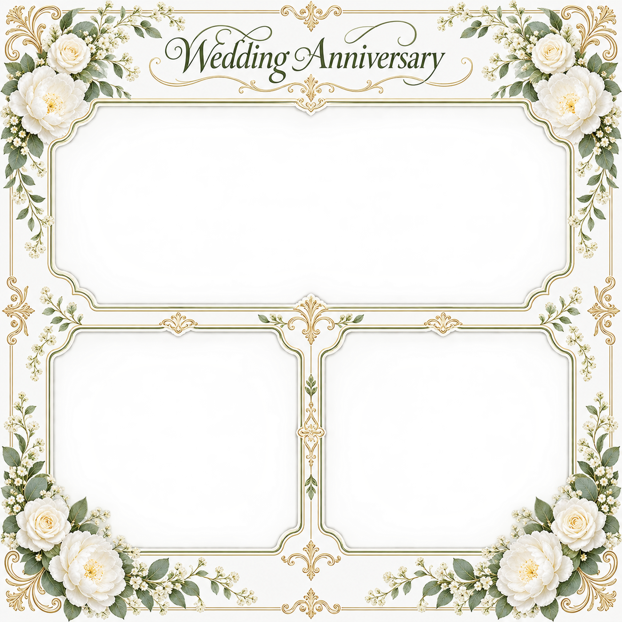 白グリーンの飾り枠｜結婚写真フレーム・三つの記念写真の無料イラスト 101261に写真・文字を入れる