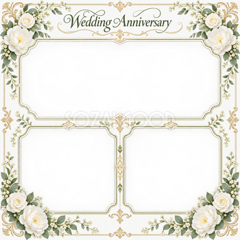 白グリーンの飾り枠｜結婚写真フレーム・三つの記念写真の無料イラスト 101261