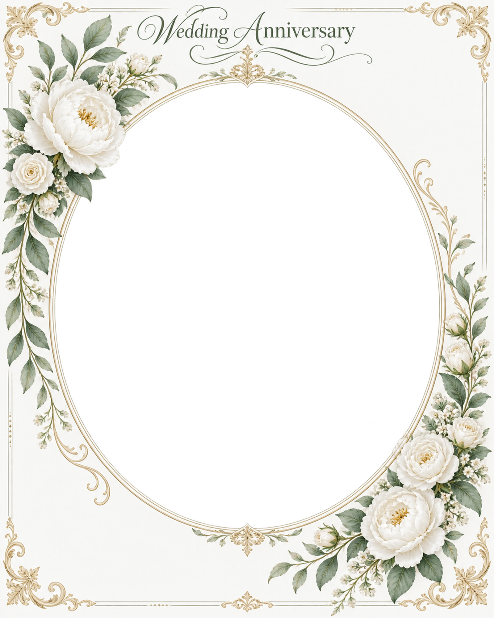 白グリーンの飾り枠｜結婚写真フレーム・葉と花の縦長楕円フレームの無料イラスト 101262に写真・文字を入れる