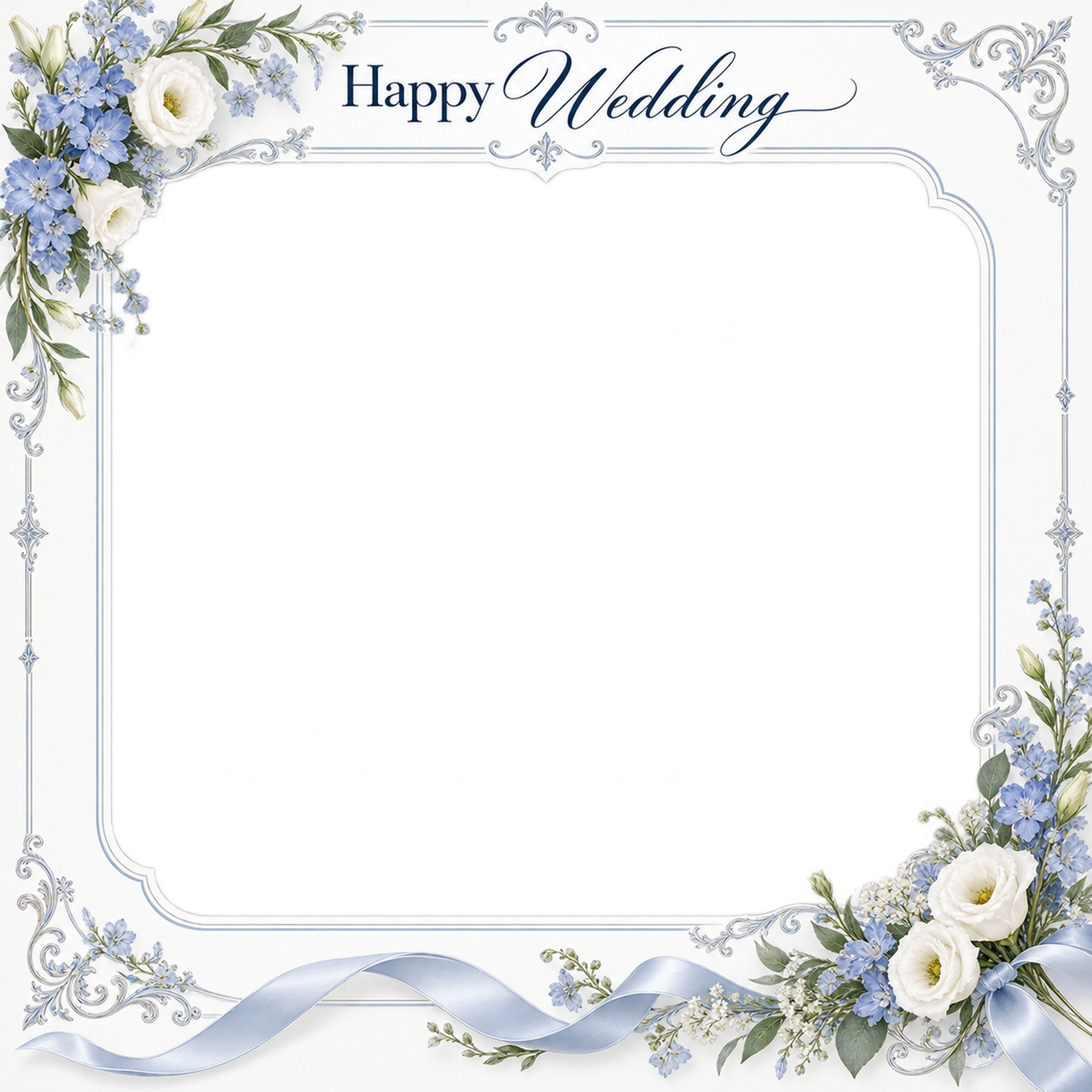 ブルーの飾り枠｜結婚写真フレーム・花の角飾りと細いリボンの無料イラスト 101267に写真・文字を入れる