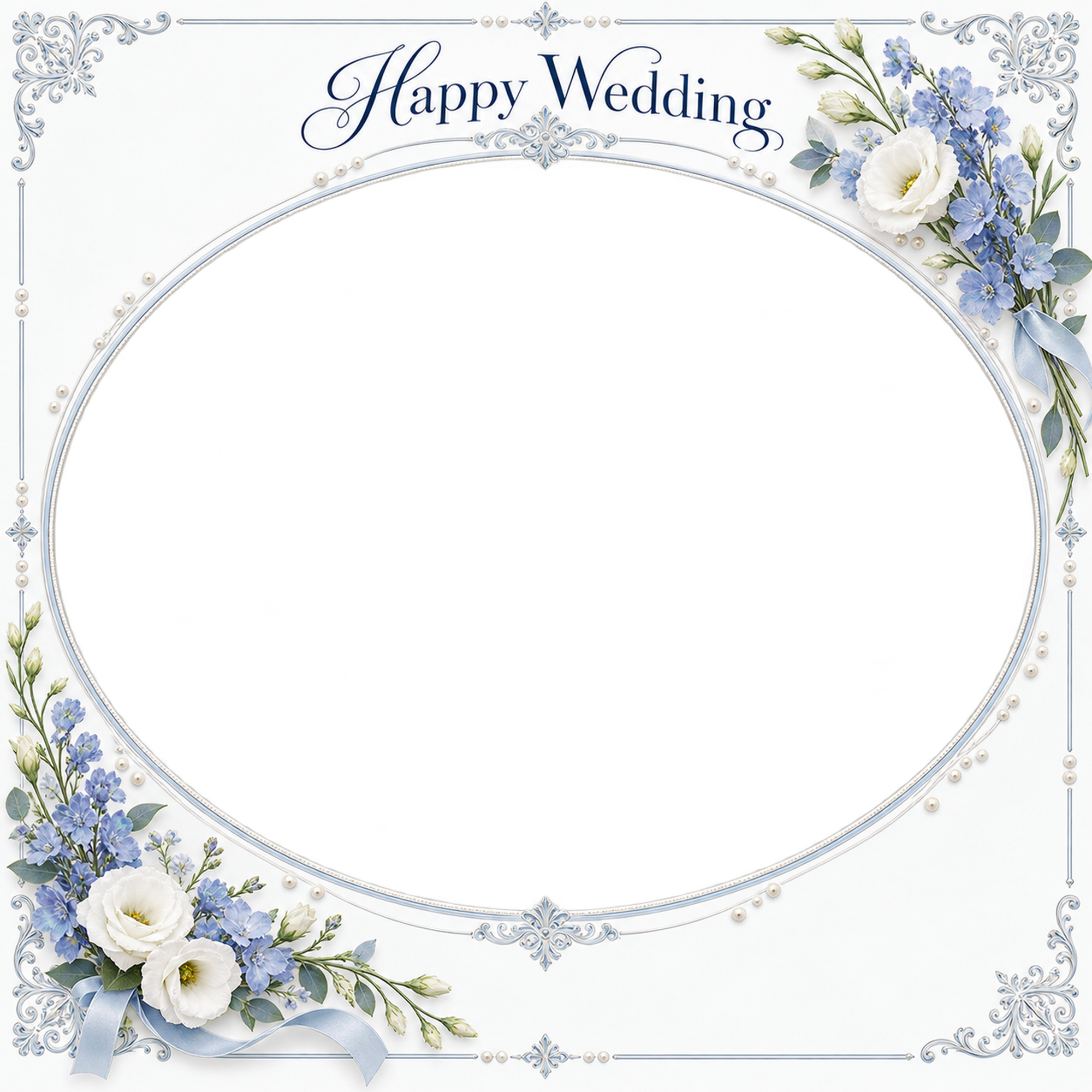 ブルーの飾り枠｜結婚写真フレーム・花と小さな真珠の楕円の無料イラスト 101269に写真・文字を入れる