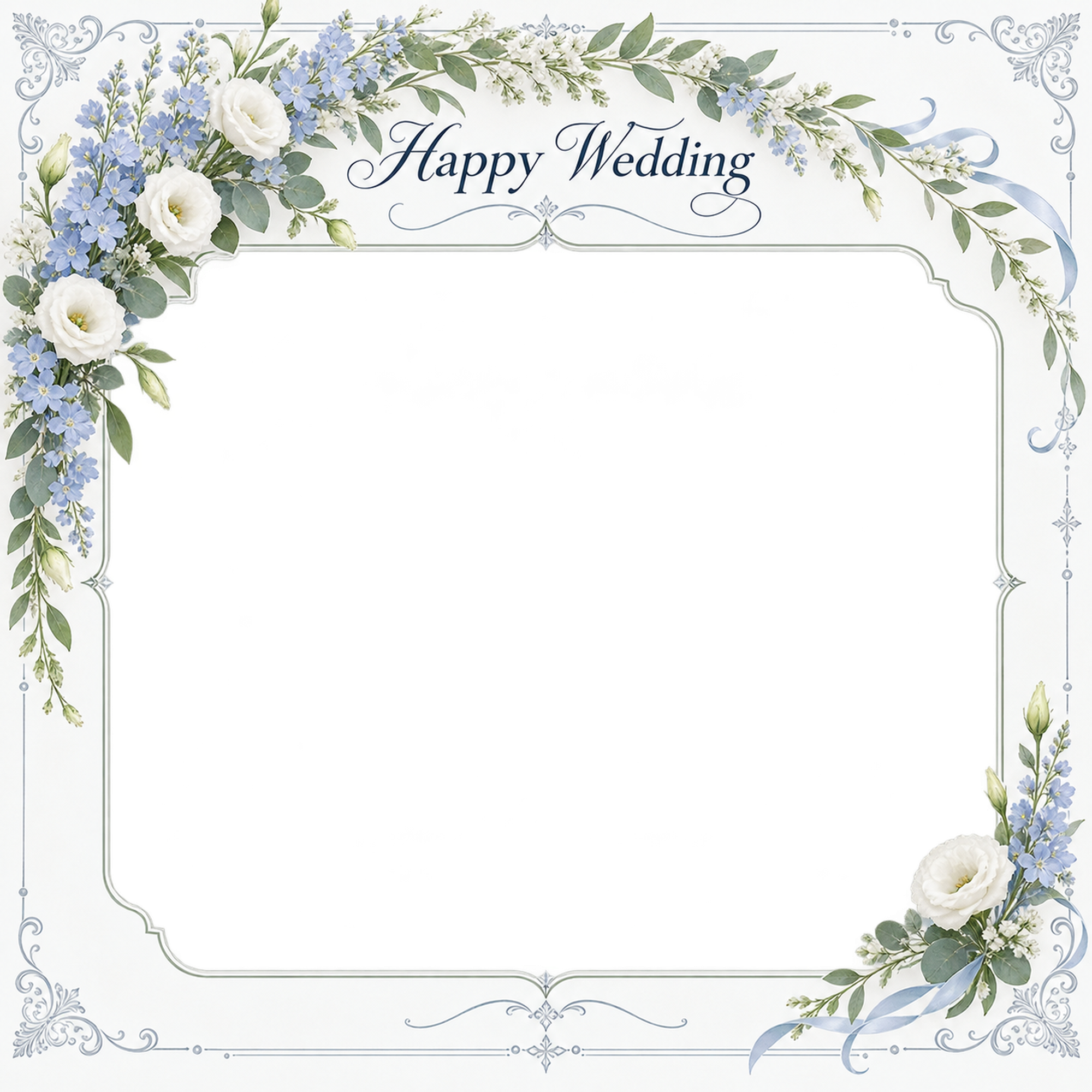 ブルーの飾り枠｜結婚写真フレーム・花と飾り線の写真フレームの無料イラスト 101270に写真・文字を入れる