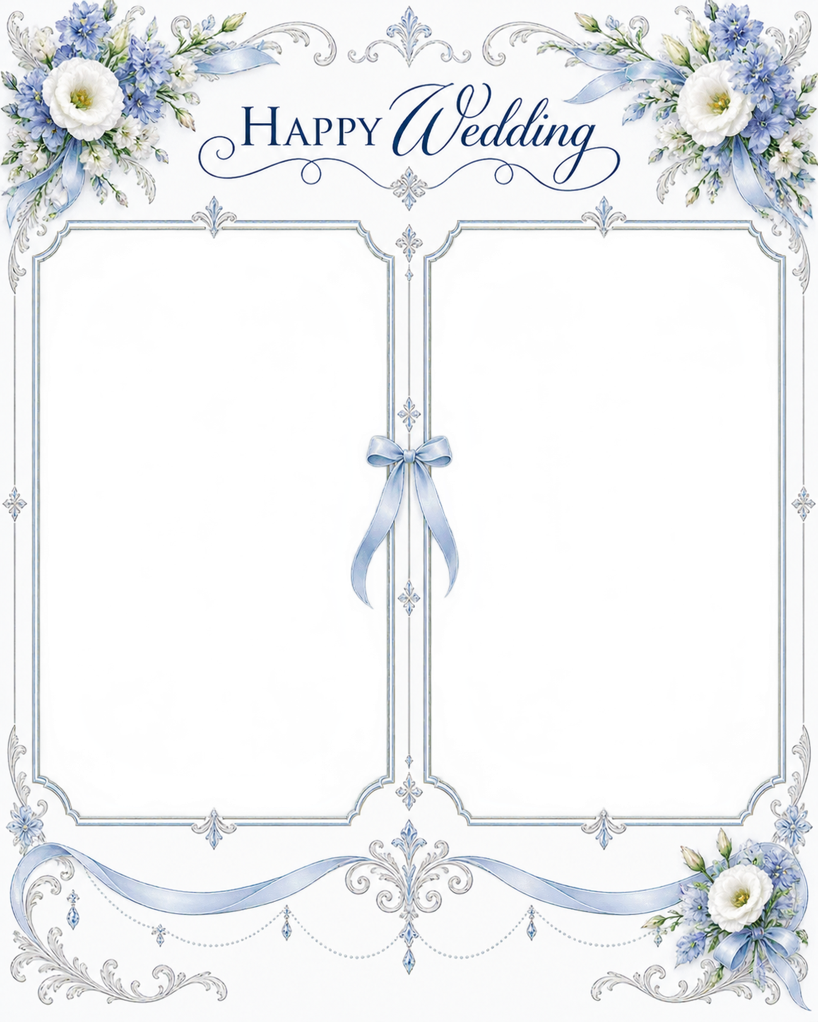 ブルーの飾り枠｜結婚写真フレーム・ふたりの写真を飾る縦長フレームの無料イラスト 101272に写真・文字を入れる