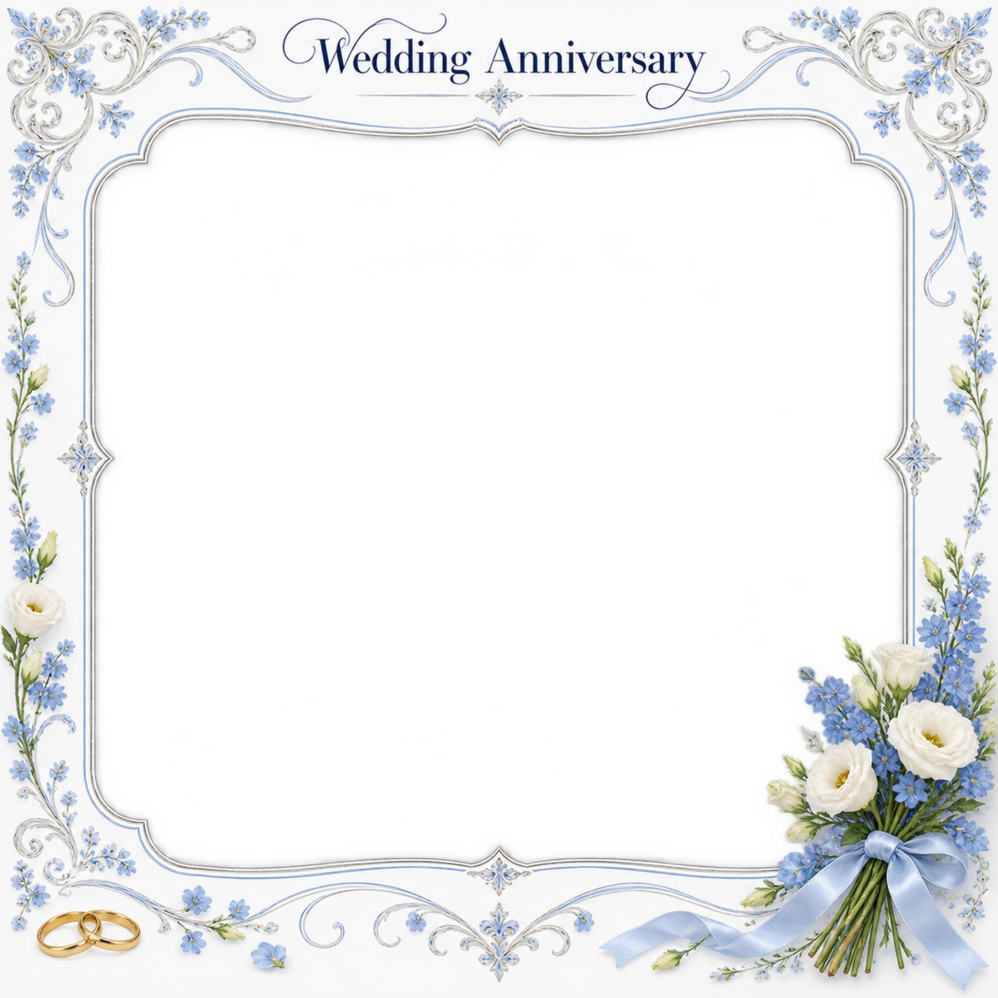 ブルーの飾り枠｜結婚写真フレーム・花束と曲線の写真フレームの無料イラスト 101273に写真・文字を入れる