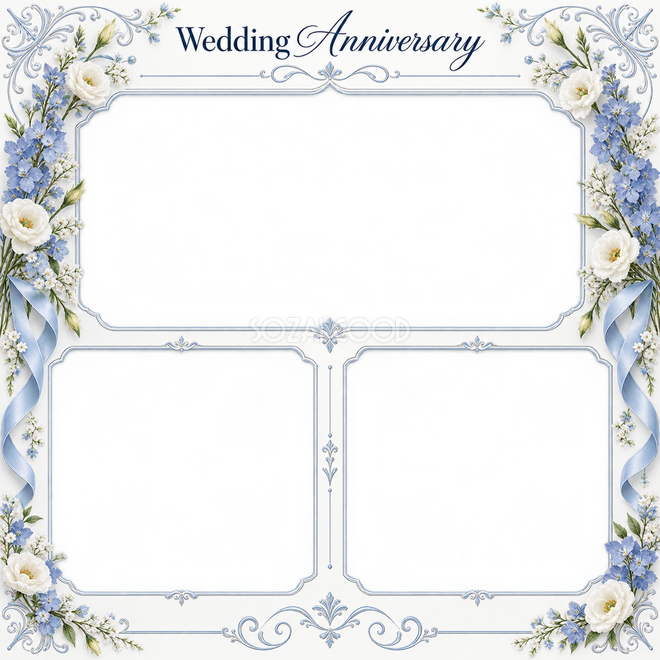 ブルーの結婚写真枠3枚用