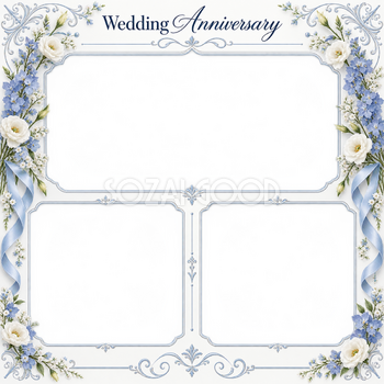 ブルーの飾り枠｜結婚写真フレーム・三つの記念写真の無料イラスト 101274
