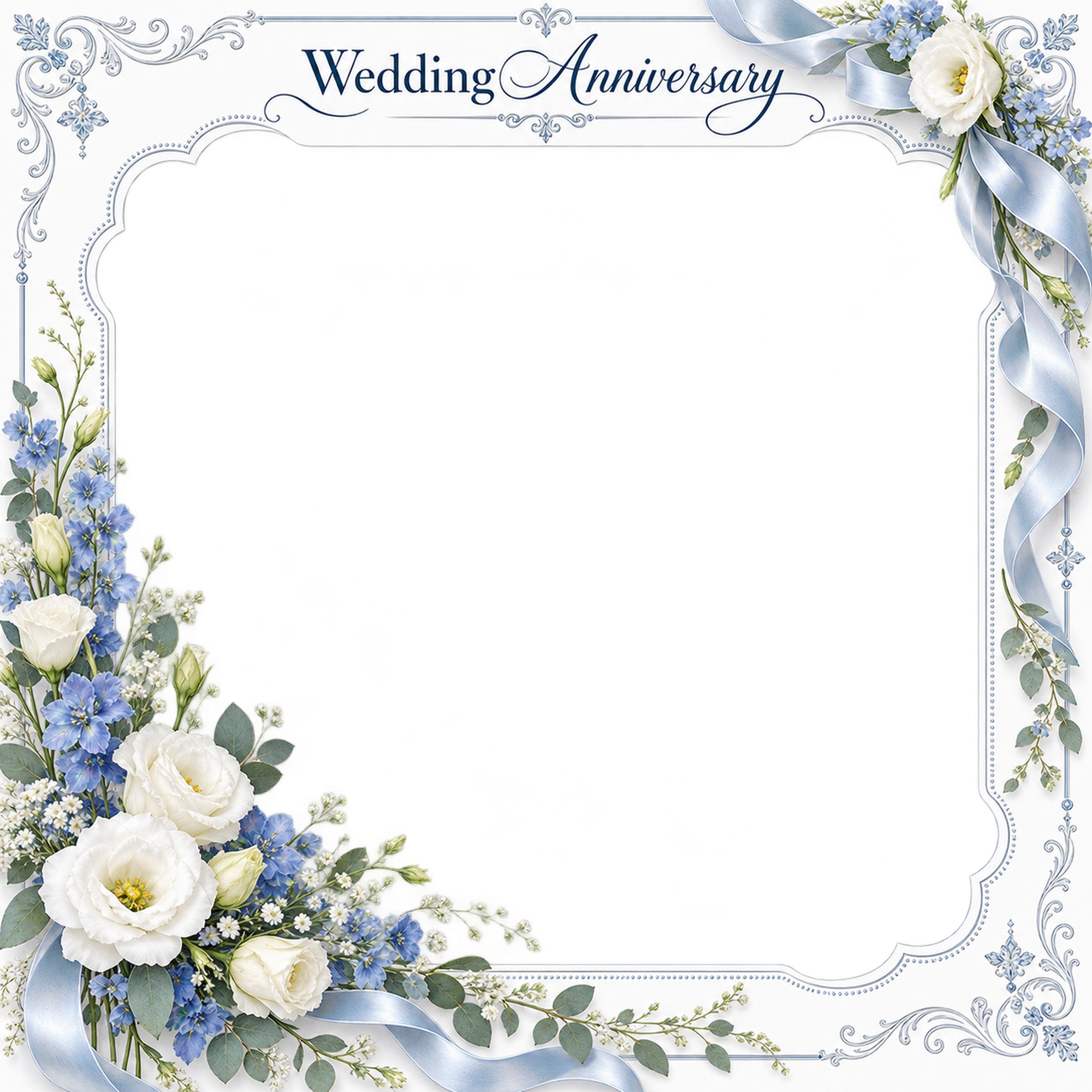 ブルーの飾り枠｜結婚写真フレーム・白い花の華やかなフレームの無料イラスト 101276に写真・文字を入れる