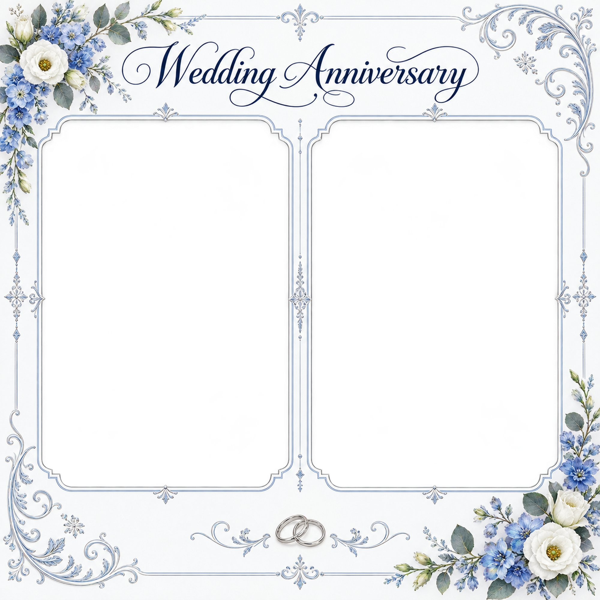 ブルーの飾り枠｜結婚写真フレーム・並んだふたりの記念写真の無料イラスト 101277に写真・文字を入れる