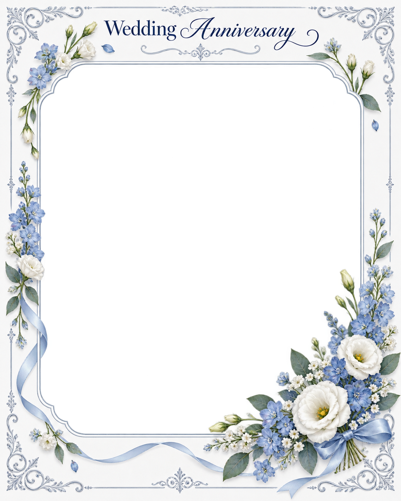 ブルーの飾り枠｜結婚写真フレーム・やさしい花のゆるやかな花輪の無料イラスト 101278に写真・文字を入れる