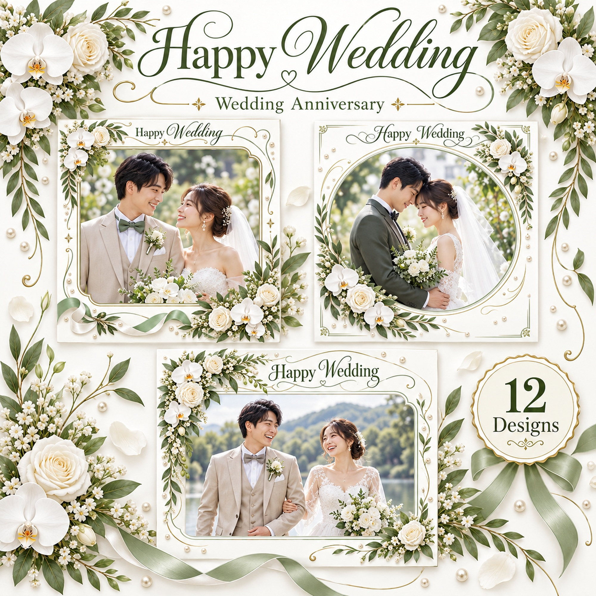 白い花冠と曲線の枠の結婚写真フレーム12選｜結婚記念日にも使える無料イラスト素材 101279に写真・文字を入れる