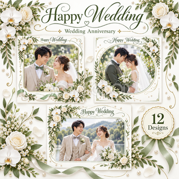 白い花冠と曲線の枠の結婚写真フレーム12選｜結婚記念日にも使える無料イラスト素材 101279