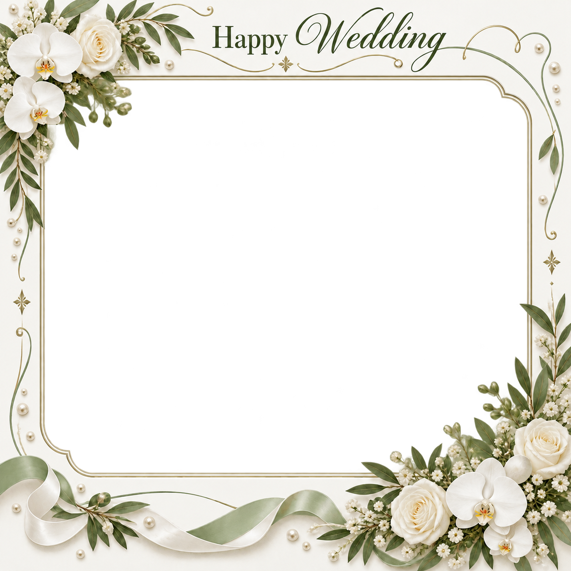 白い花冠と曲線の枠｜結婚写真フレーム・花の角飾りと細いリボンの無料イラスト 101280に写真・文字を入れる
