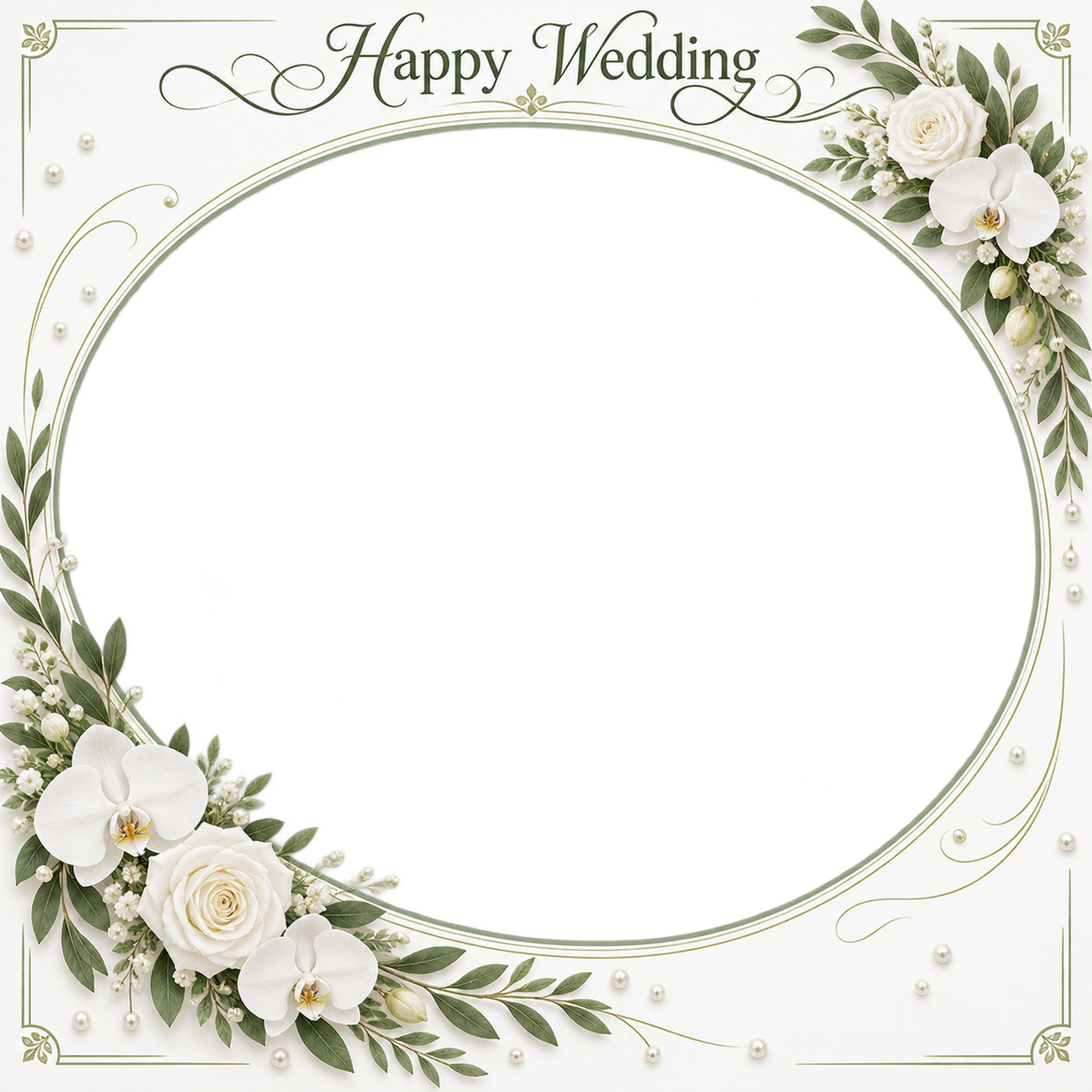 白い花冠と曲線の枠｜結婚写真フレーム・花と小さな真珠の楕円の無料イラスト 101282に写真・文字を入れる