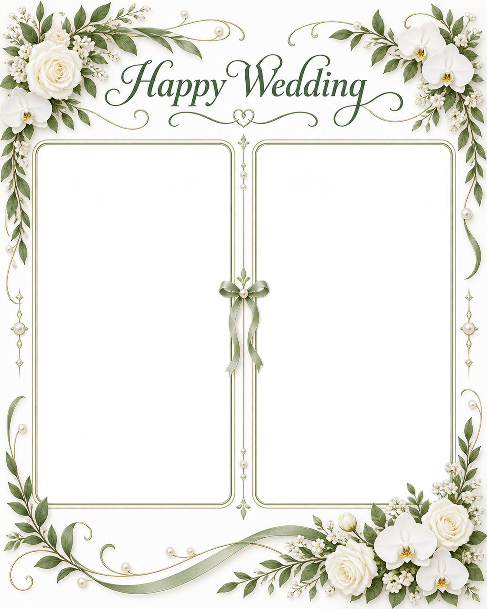 白い花冠と曲線の枠｜結婚写真フレーム・ふたりの写真を飾る縦長フレームの無料イラスト 101285に写真・文字を入れる