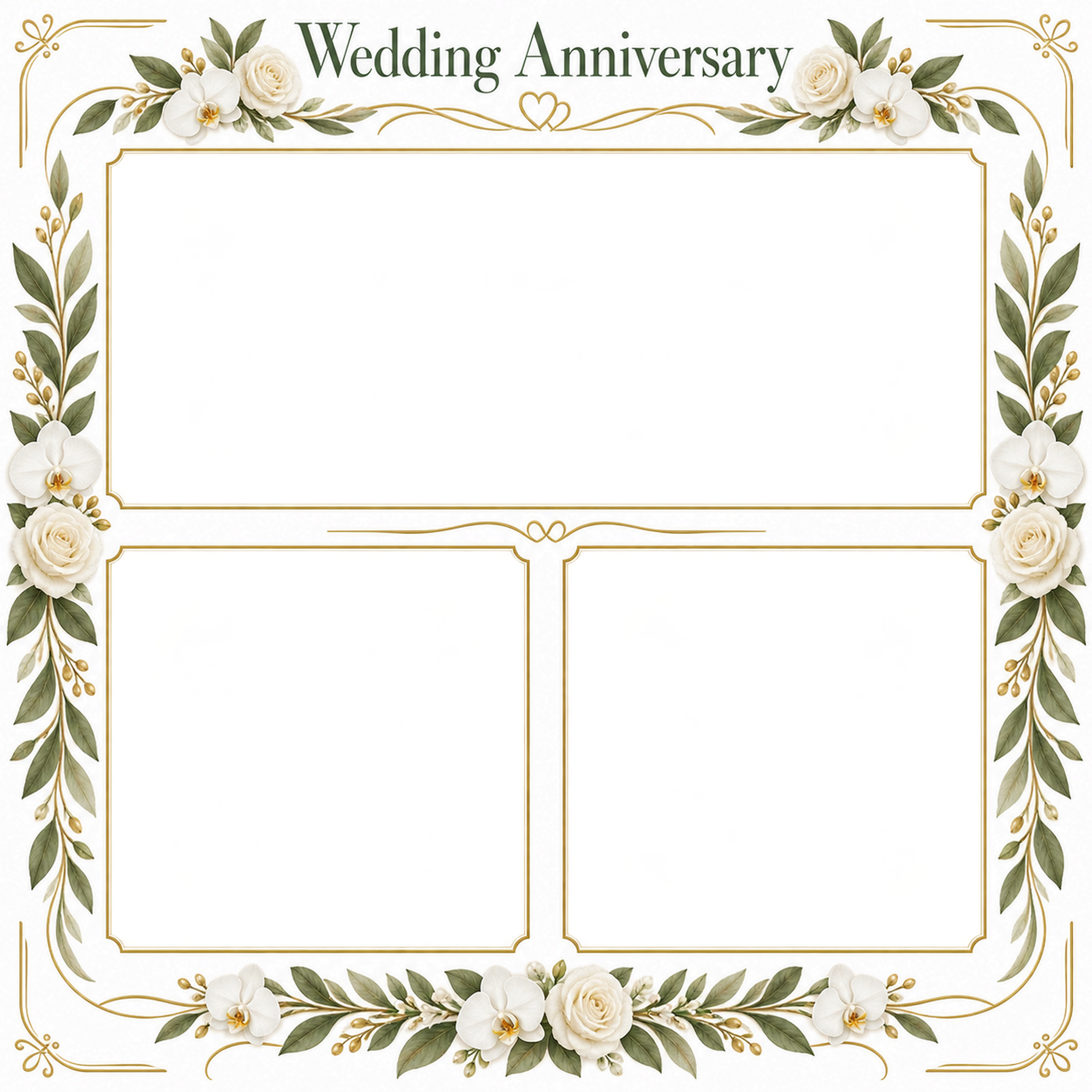 白い花冠と曲線の枠｜結婚写真フレーム・三つの記念写真の無料イラスト 101287に写真・文字を入れる