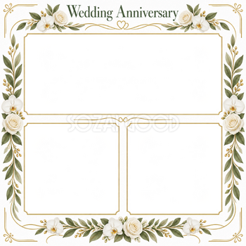 白い花冠と曲線の枠｜結婚写真フレーム・三つの記念写真の無料イラスト 101287
