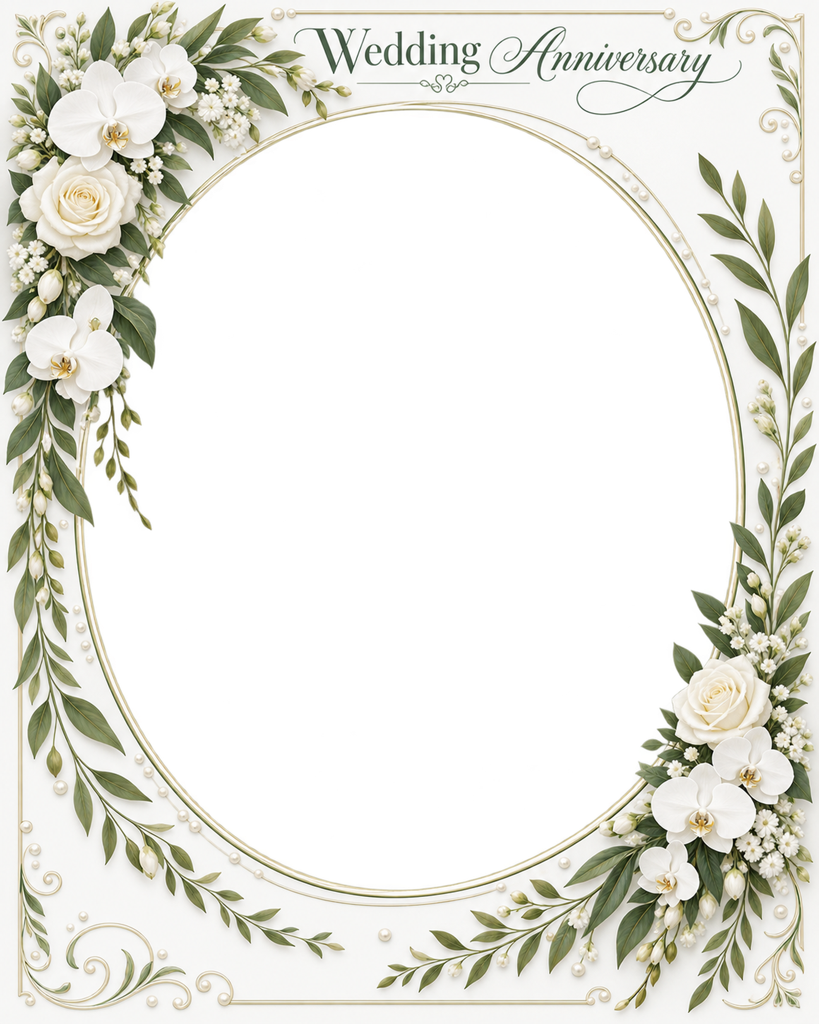 白い花冠と曲線の枠｜結婚写真フレーム・葉と花の縦長楕円フレームの無料イラスト 101288に写真・文字を入れる