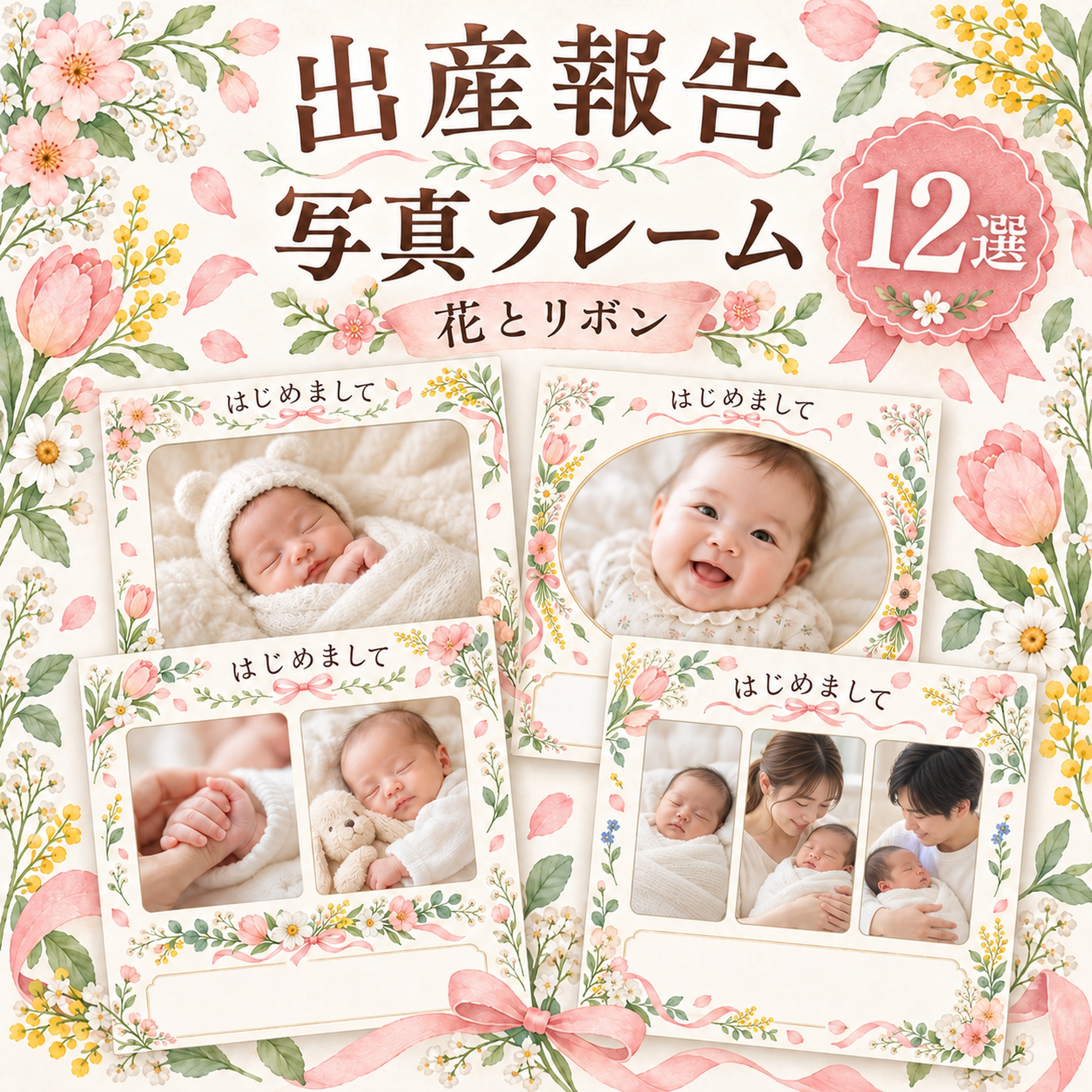 出産報告写真フレーム12選｜花とリボンの無料イラスト素材 101292に写真・文字を入れる