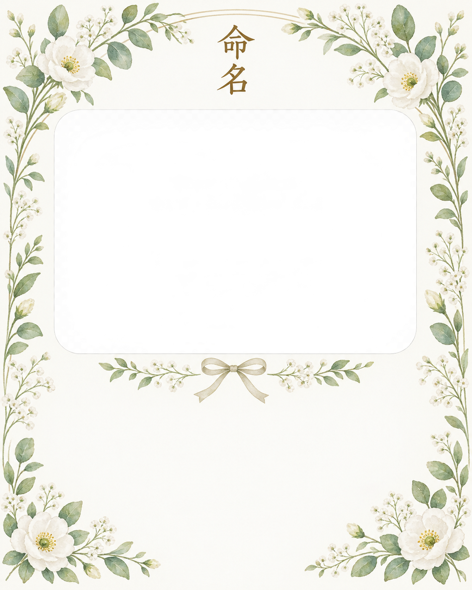 写真入り命名書｜白とグリーン・リボンのアーチの無料イラスト素材 101320に写真・文字を入れる