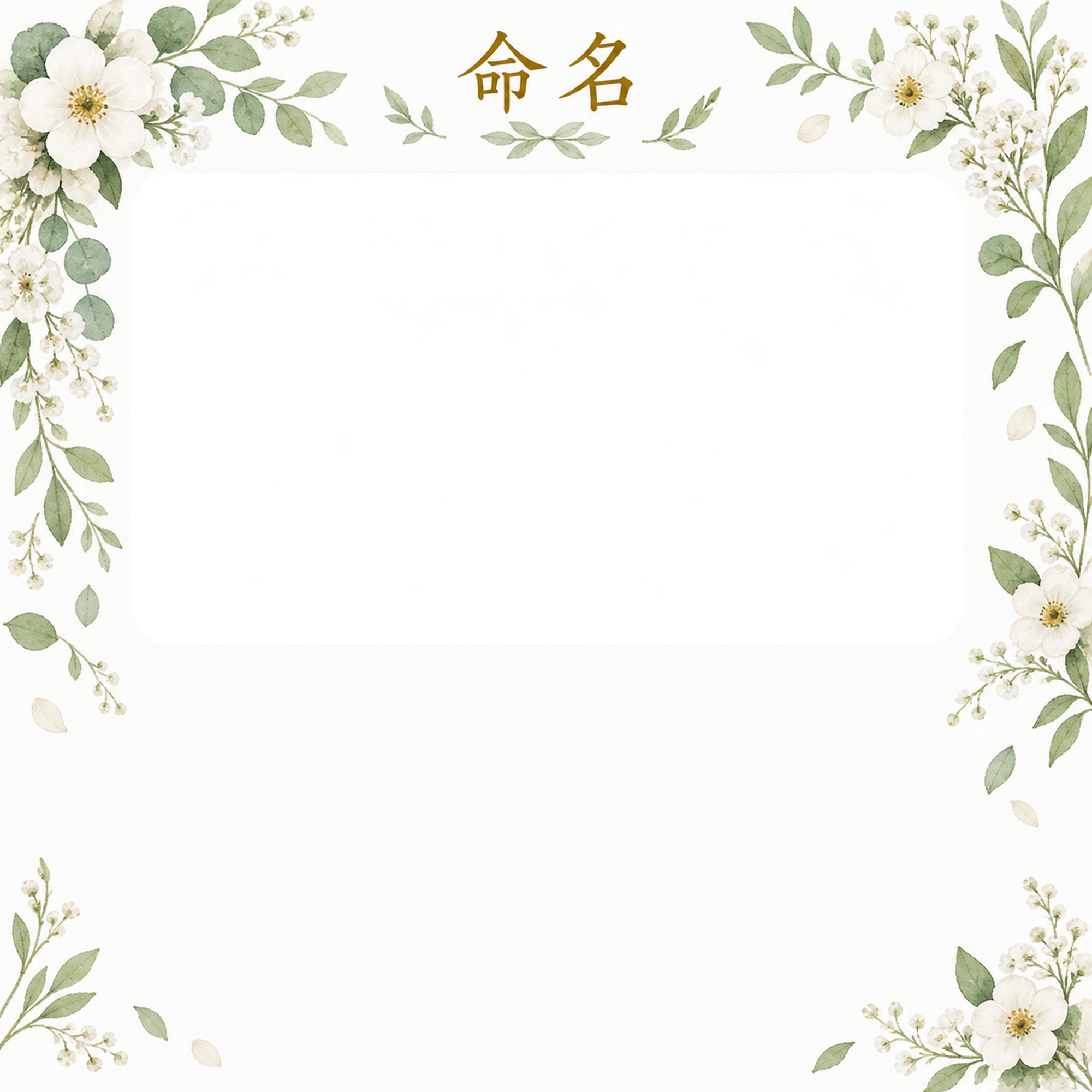 写真入り命名書｜白とグリーン・花のゆるやかな曲線の無料イラスト素材 101322に写真・文字を入れる
