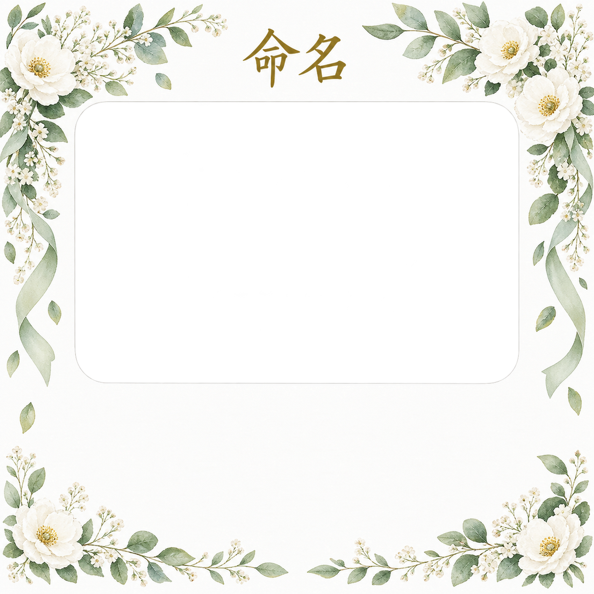 写真入り命名書｜白とグリーン・白い花と広い余白の無料イラスト素材 101323に写真・文字を入れる