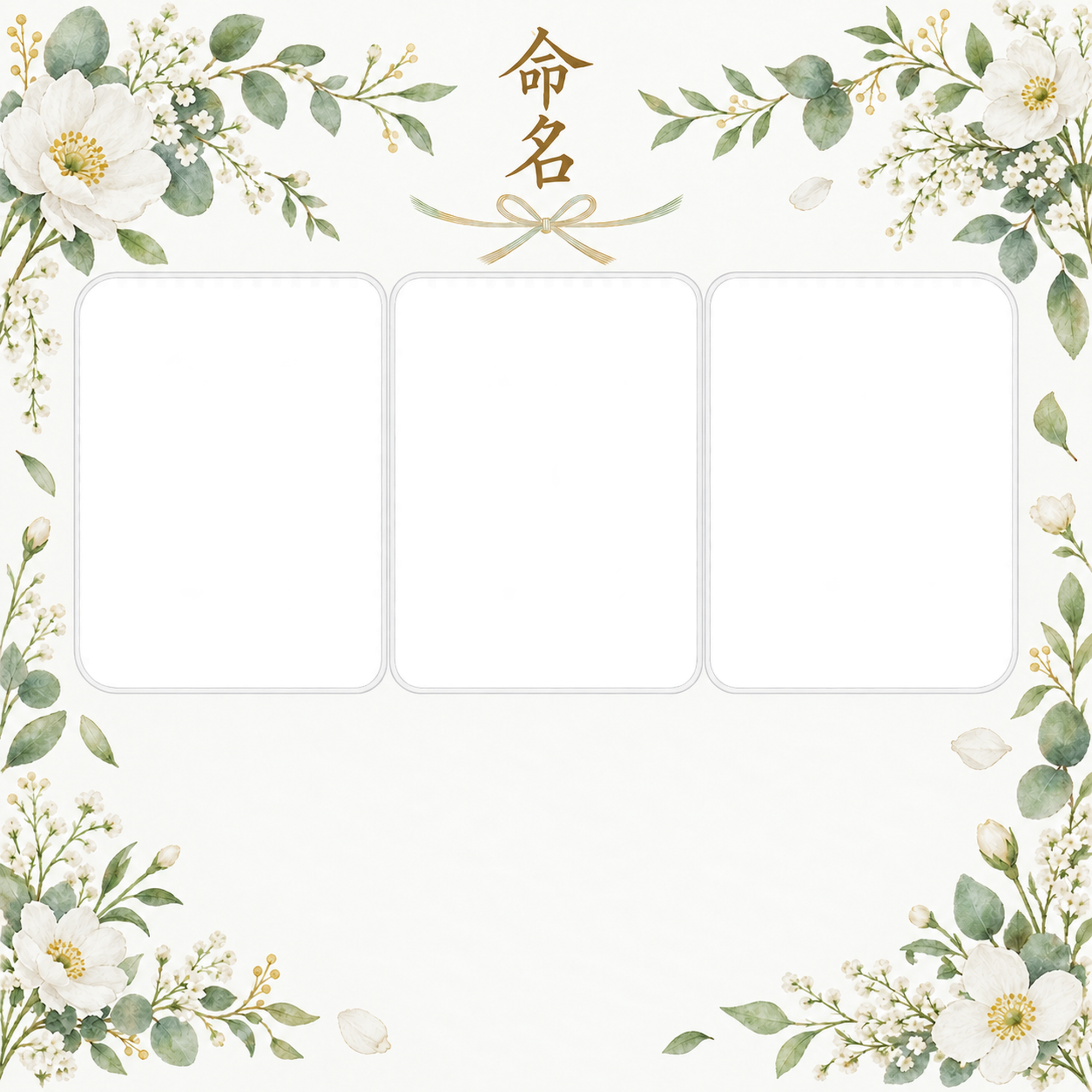 写真入り命名書｜白とグリーン・三つの思い出の無料イラスト素材 101326に写真・文字を入れる