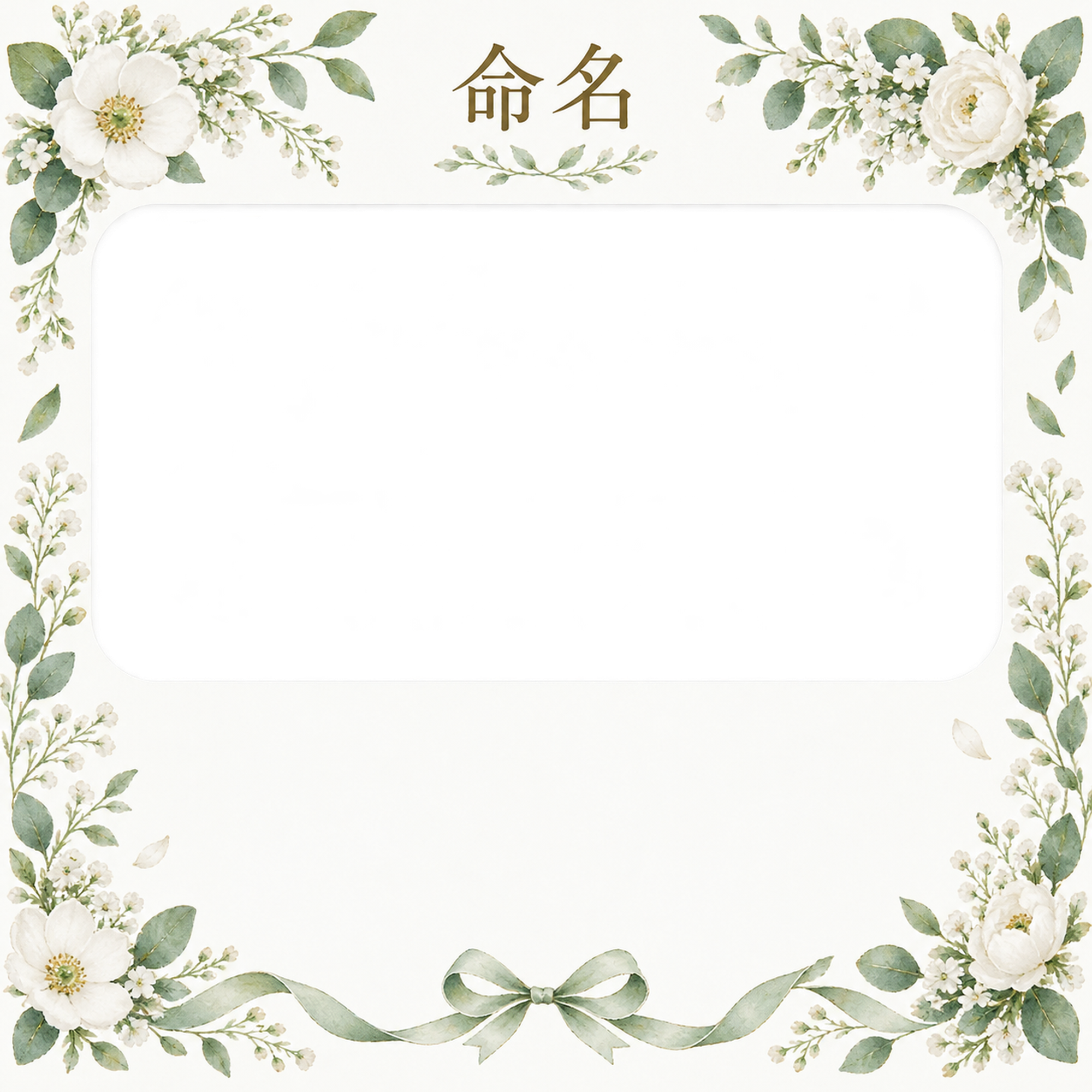写真入り命名書｜白とグリーン・白い花とリボンの無料イラスト素材 101329に写真・文字を入れる