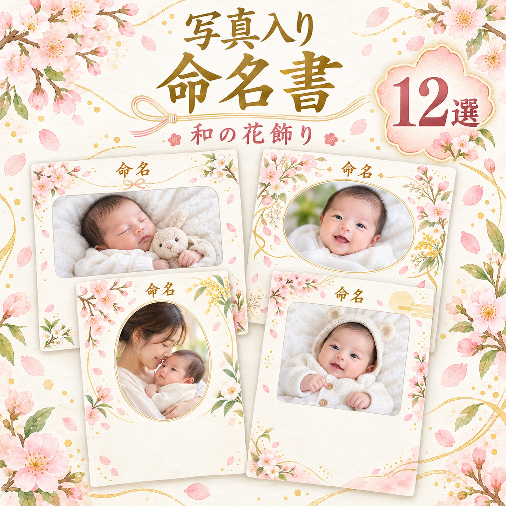 写真入り命名書12選｜和の花飾りの無料イラスト素材 101331に写真・文字を入れる