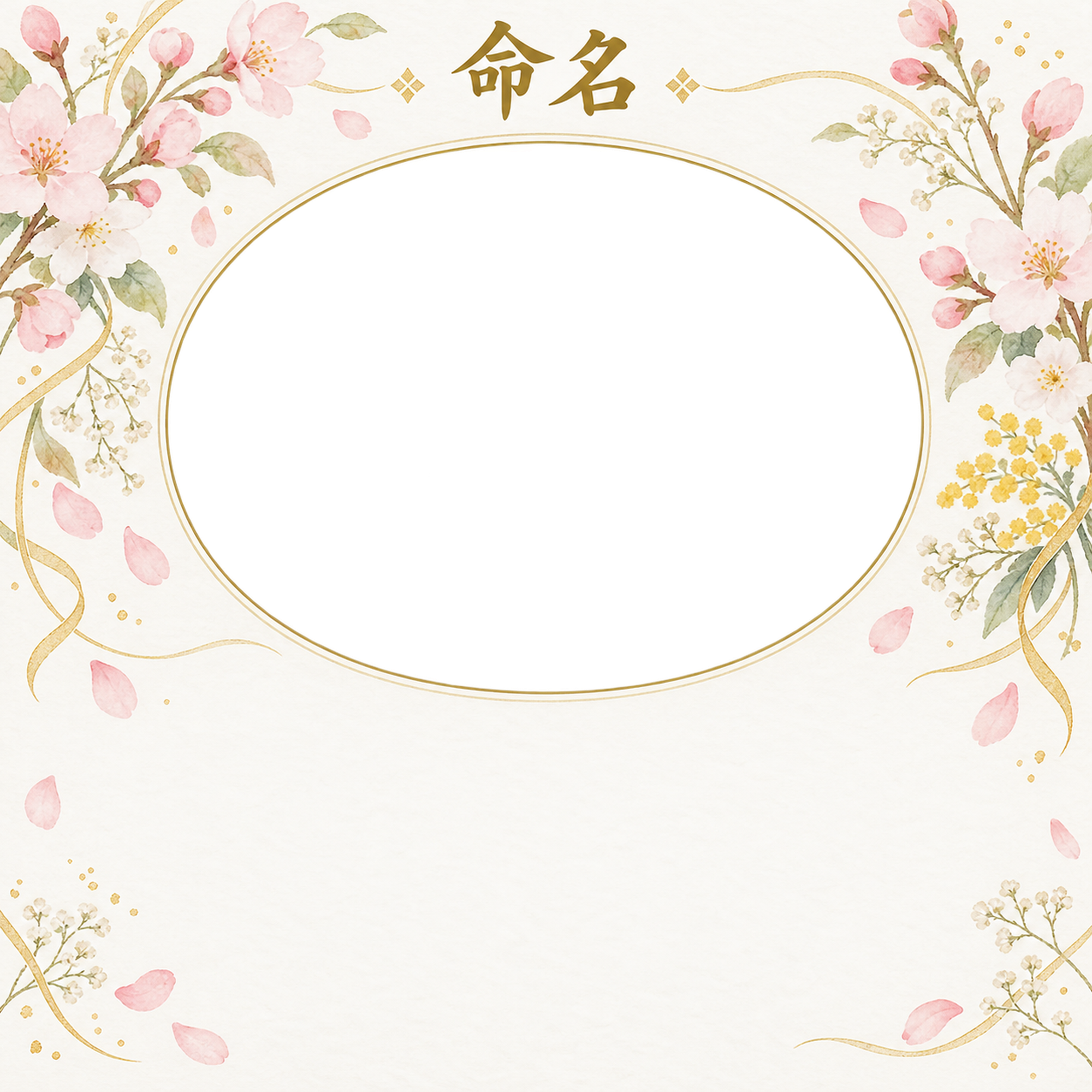 写真入り命名書｜和の花飾り・やさしい楕円の無料イラスト素材 101334に写真・文字を入れる