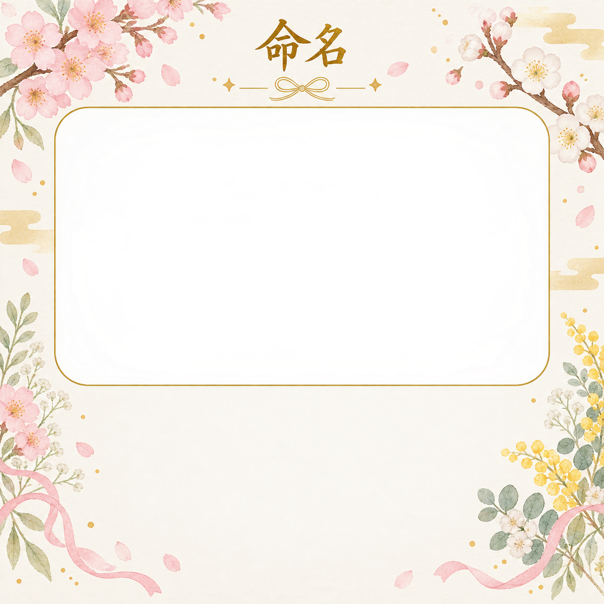 写真入り命名書｜和の花飾り・桜と金色の雲の無料イラスト素材 101336に写真・文字を入れる