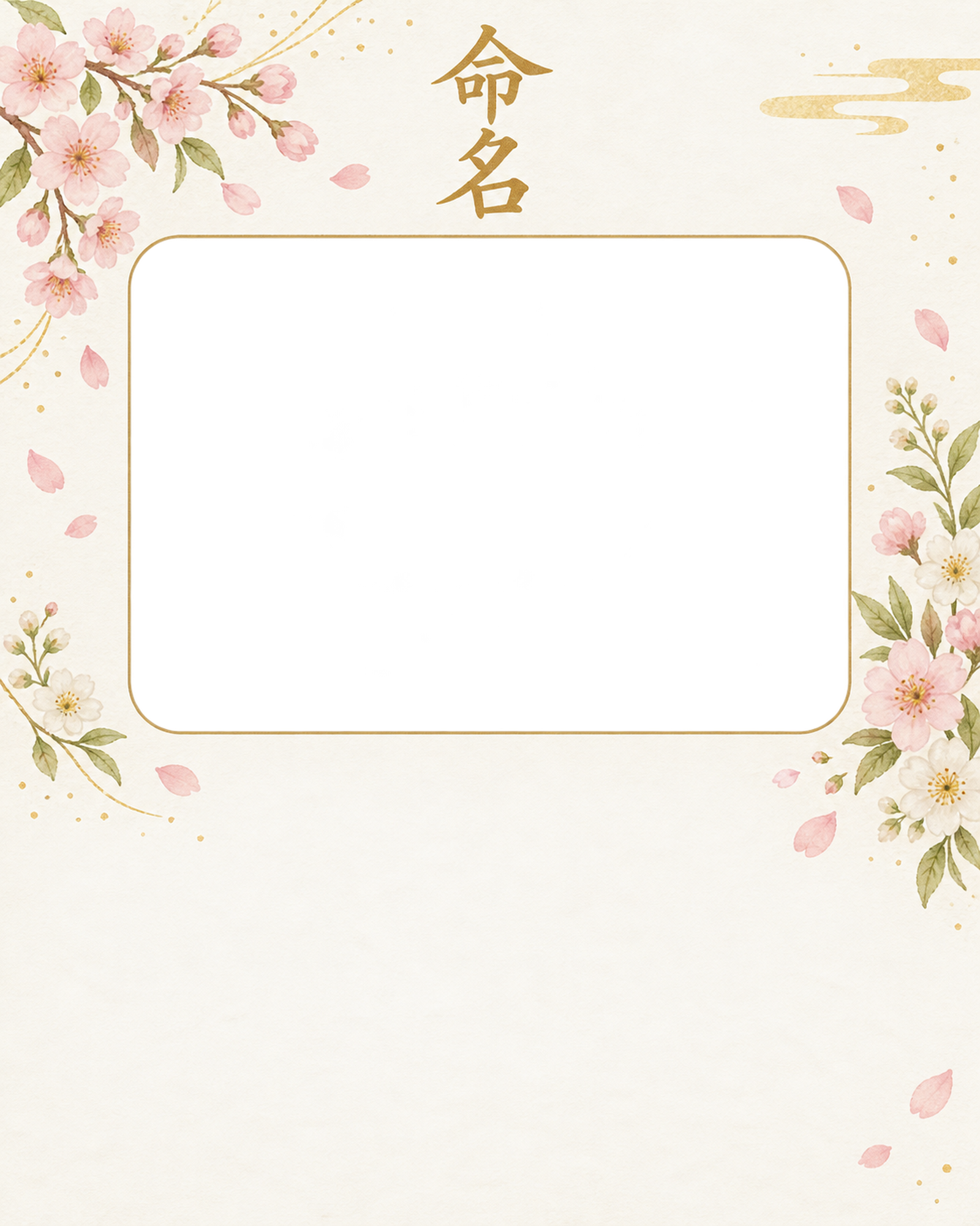 写真入り命名書｜和の花飾り・花の縦飾りと広い余白の無料イラスト素材 101337に写真・文字を入れる