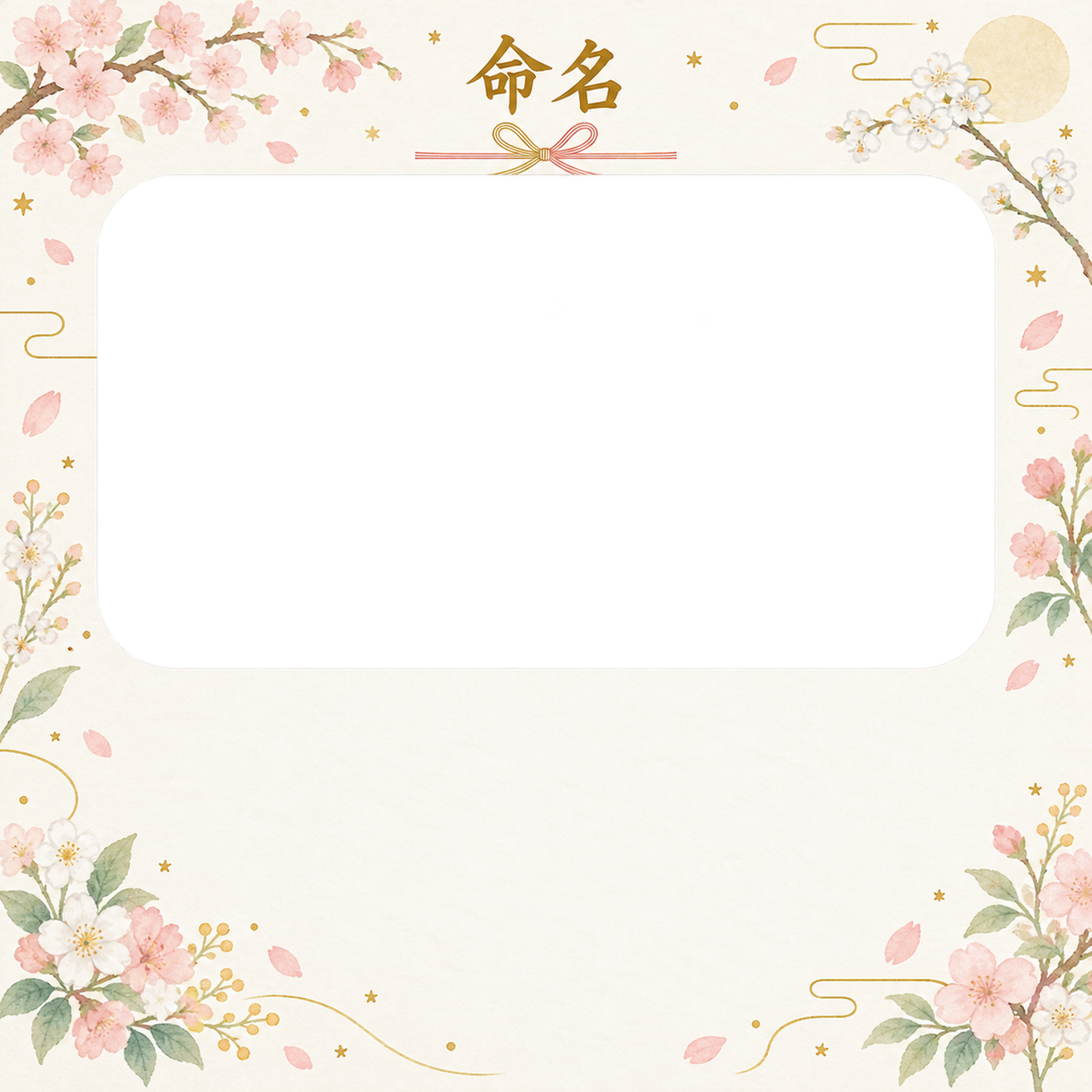 写真入り命名書｜和の花飾り・小さな星の祝福の無料イラスト素材 101338に写真・文字を入れる