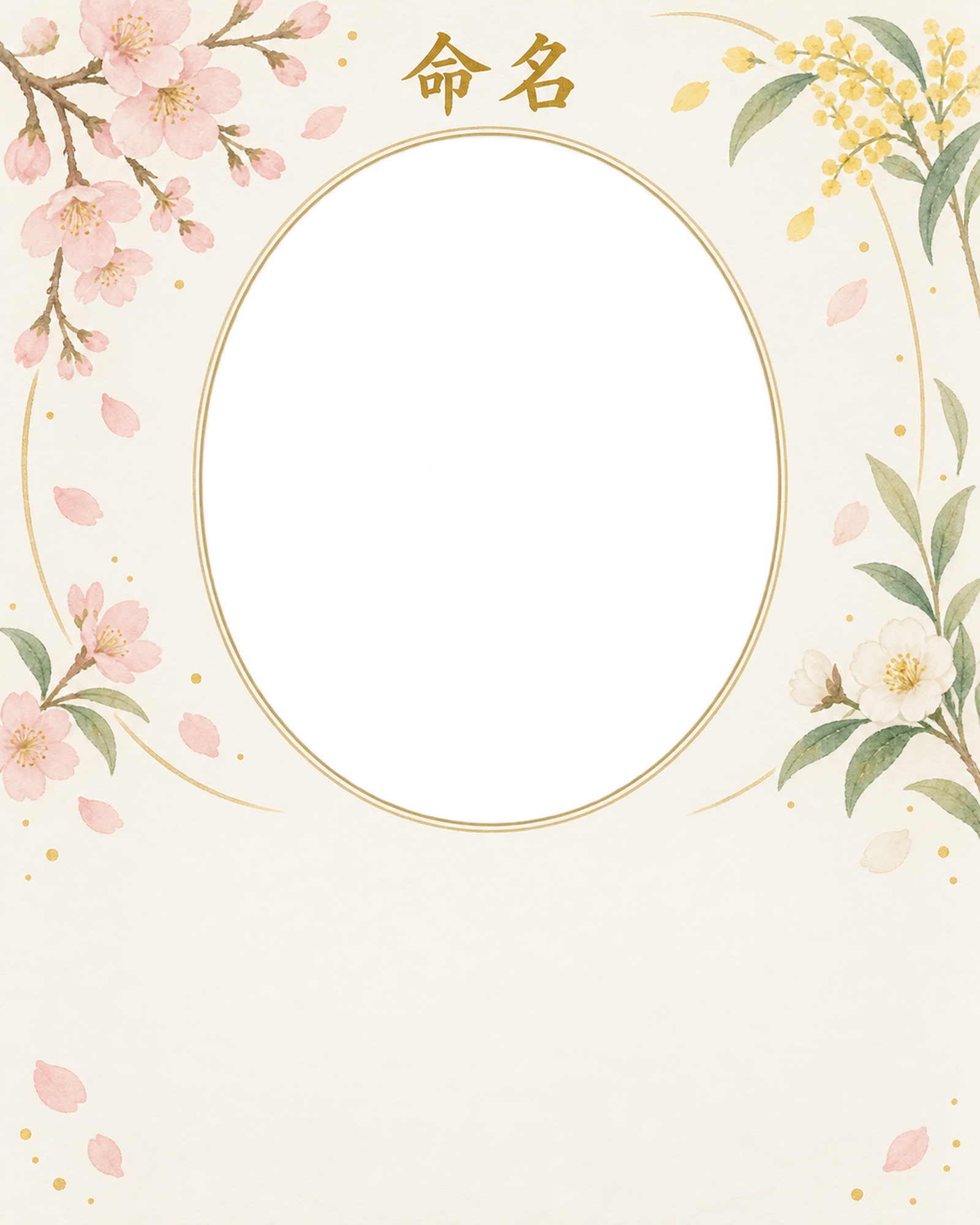 写真入り命名書｜和の花飾り・楕円と葉の飾りの無料イラスト素材 101340に写真・文字を入れる