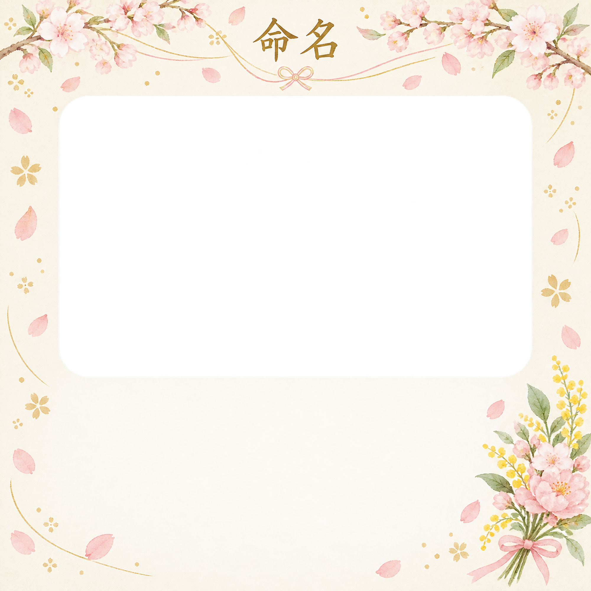 写真入り命名書｜和の花飾り・花束のお祝いの無料イラスト素材 101341に写真・文字を入れる