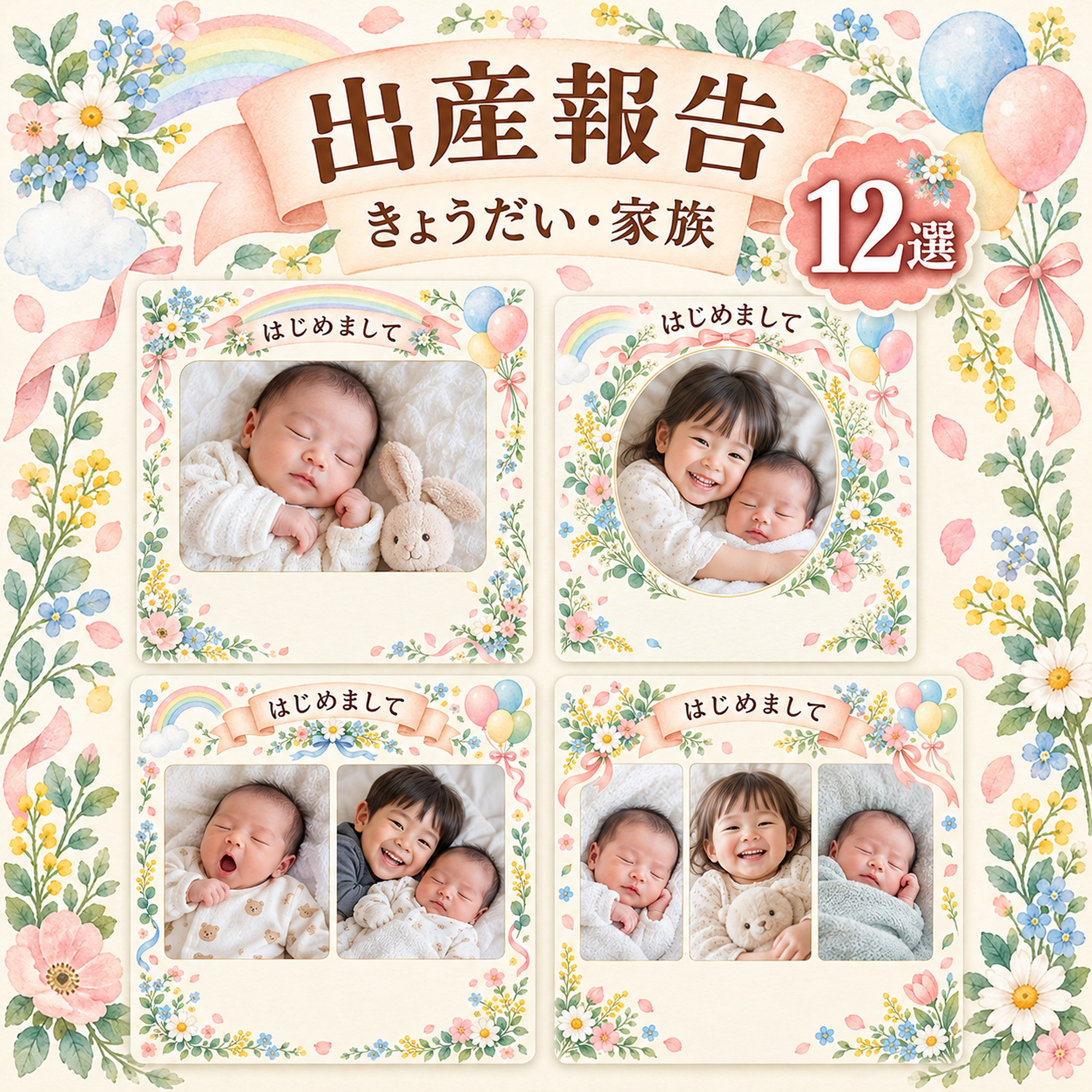 きょうだいの出産報告写真フレーム12選｜家族の記念写真の無料イラスト素材 101344に写真・文字を入れる