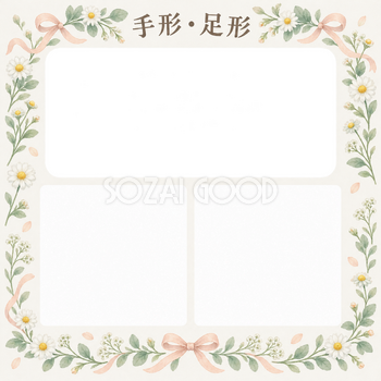 手形足形｜写真と出生記録・白い花と記念の余白の無料イラスト素材 101362