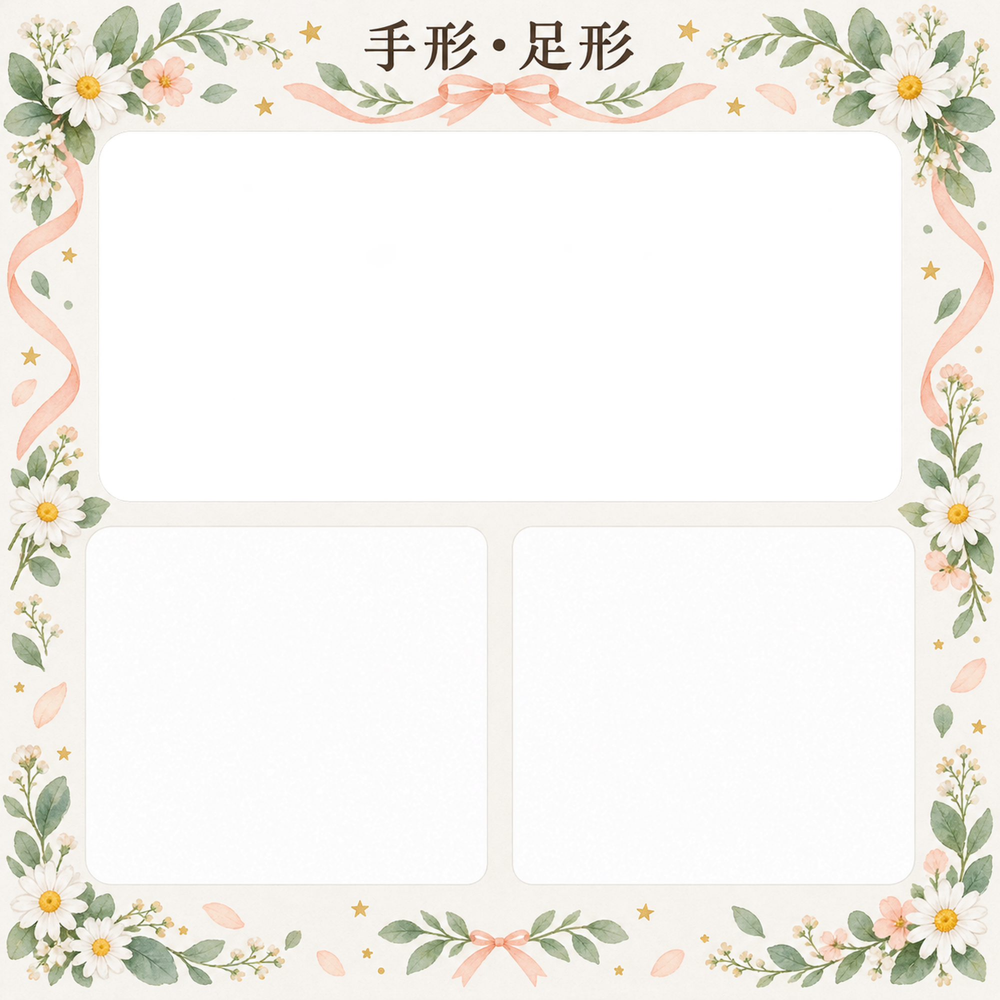 手形足形｜写真と出生記録・花とリボンの祝福の無料イラスト素材 101364に写真・文字を入れる