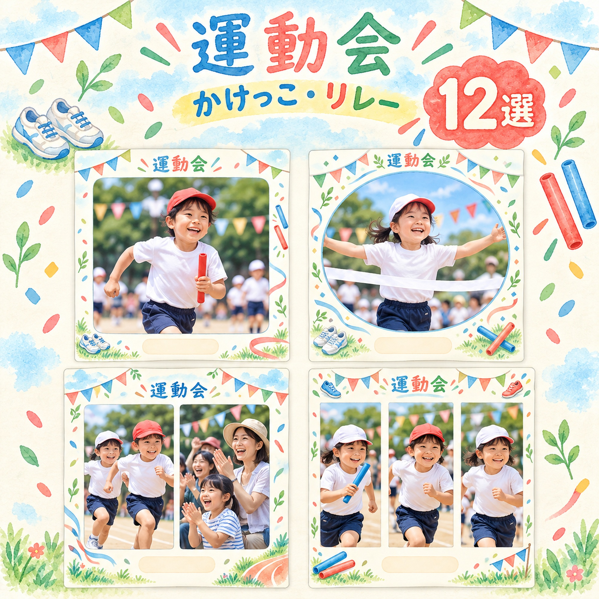 かけっこ写真フレーム12選｜旗とスニーカーの無料イラスト素材 101370に写真・文字を入れる