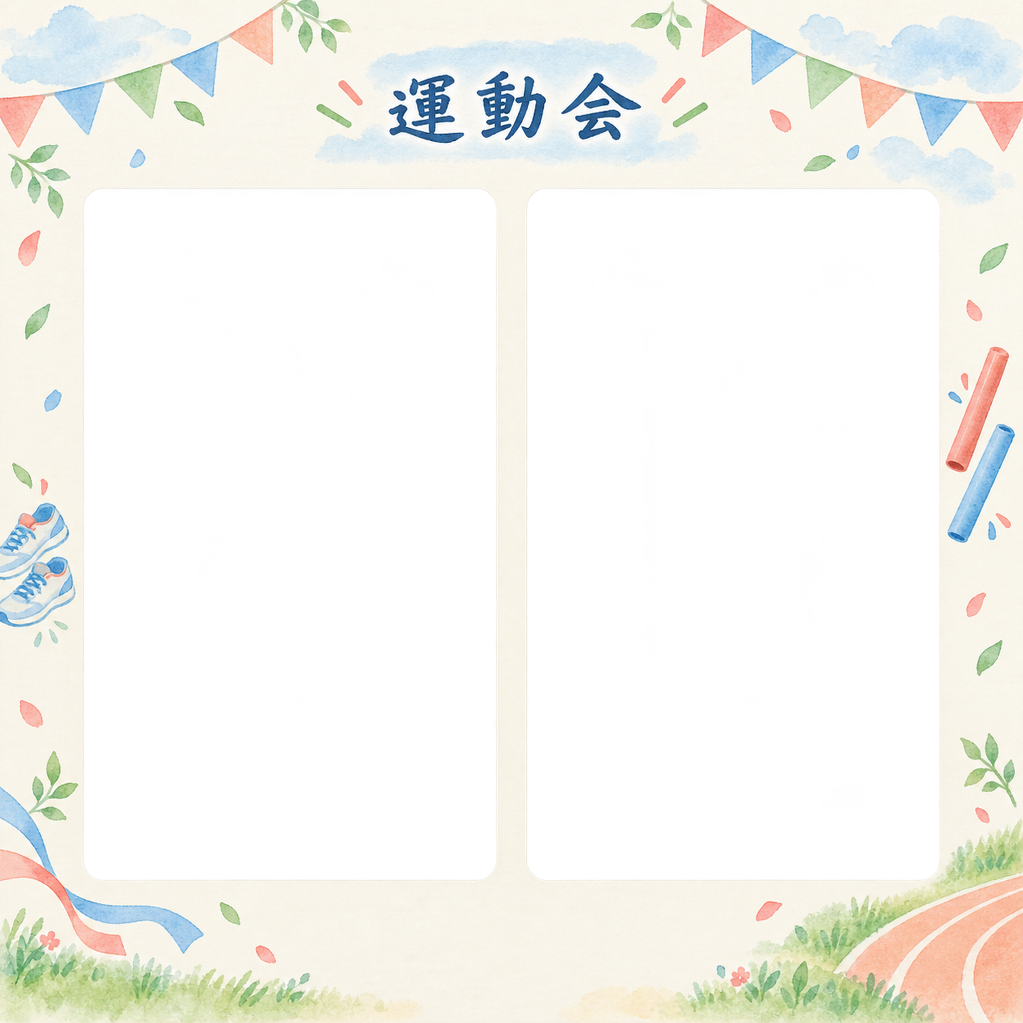 かけっこの写真フレーム｜旗とスニーカー・写真2枚の思い出の無料イラスト素材 101375に写真・文字を入れる