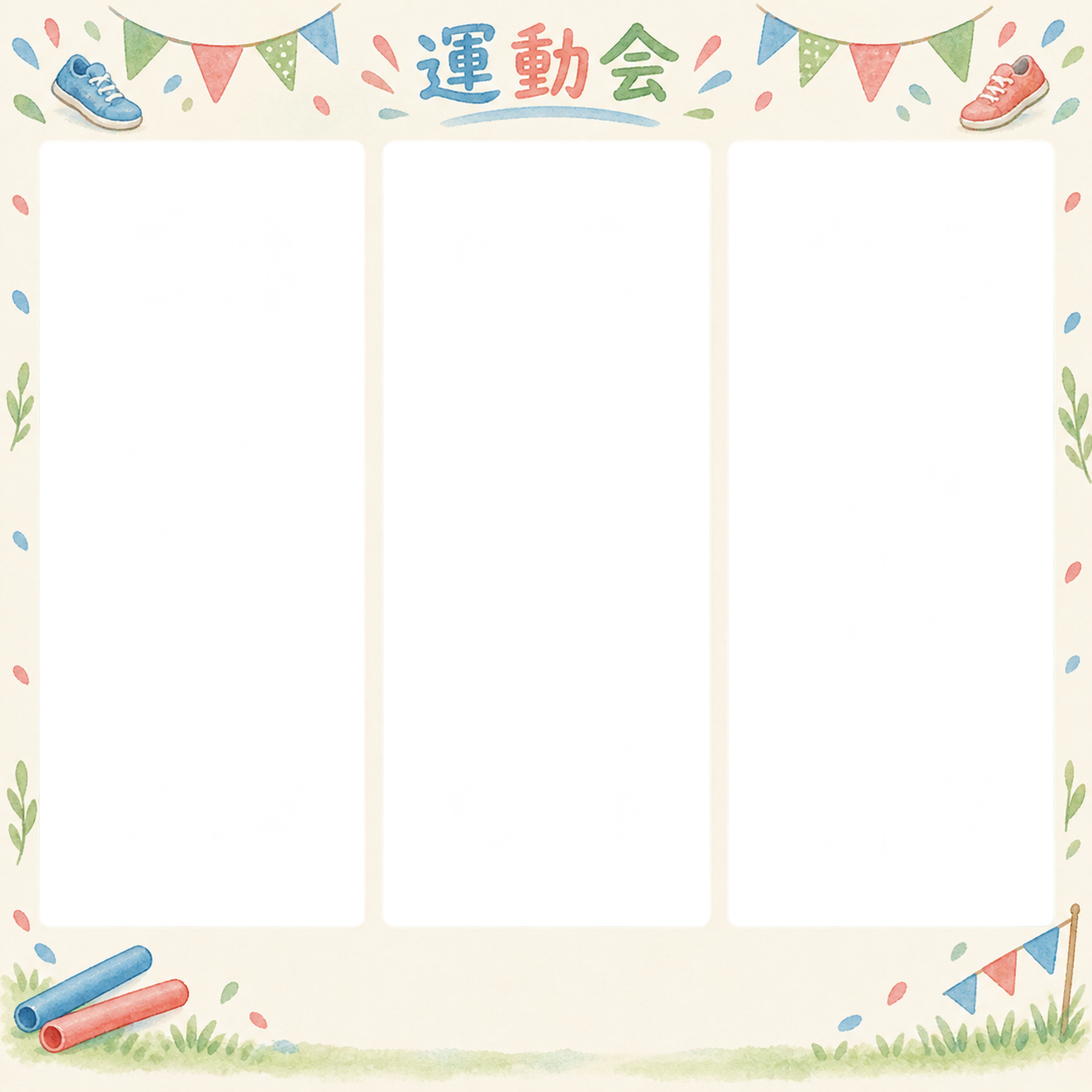 かけっこの写真フレーム｜旗とスニーカー・写真3枚の記録の無料イラスト素材 101378に写真・文字を入れる