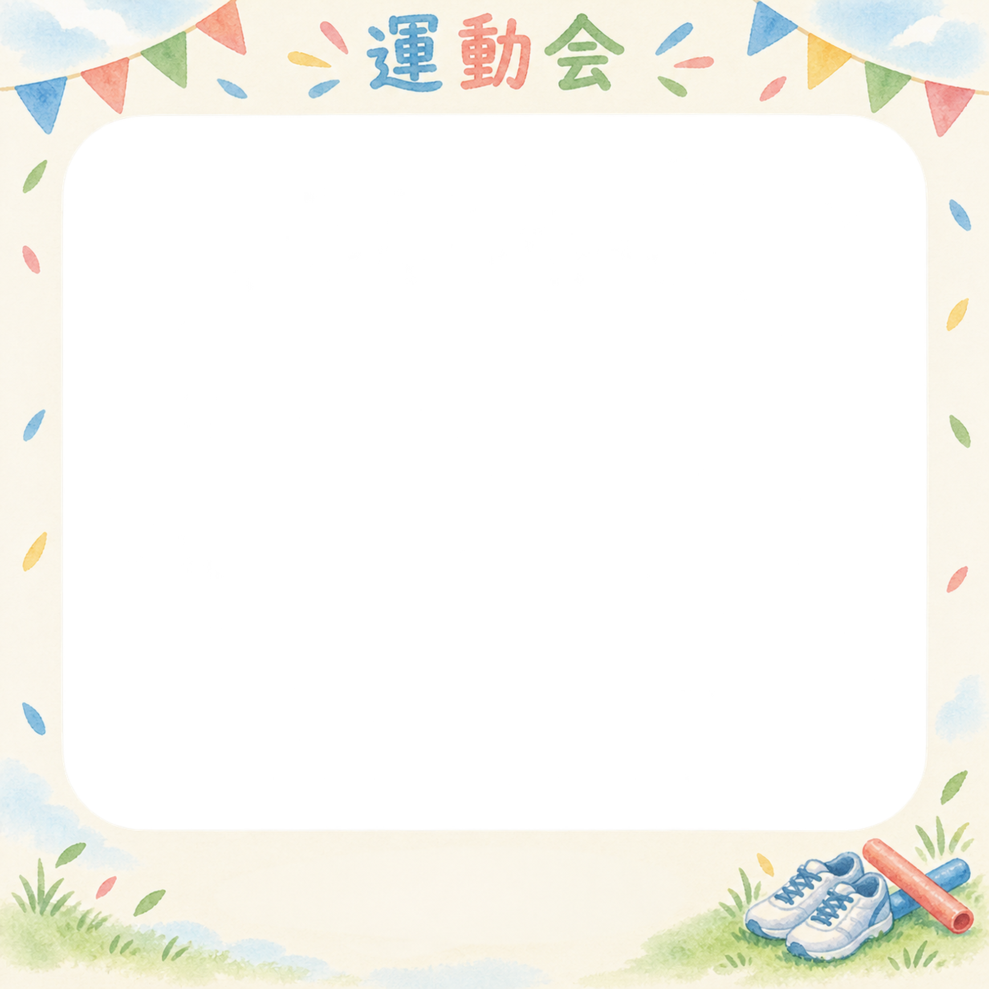 かけっこの写真フレーム｜旗とスニーカー・余白を生かす記念枠の無料イラスト素材 101380に写真・文字を入れる