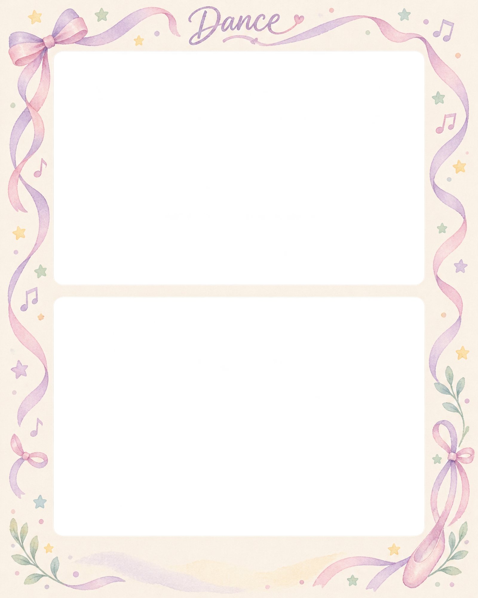 ダンスの写真フレーム｜音符とリボン・上下2枚の記念写真の無料イラスト素材 101389に写真・文字を入れる
