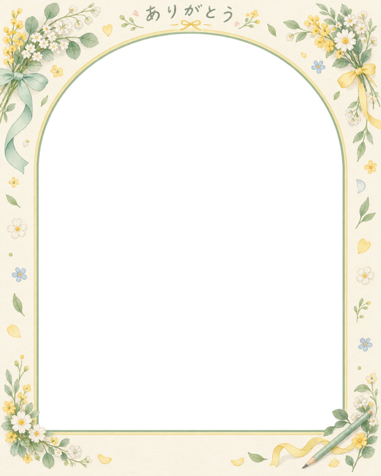 先生への写真フレーム｜花と小さな文房具・縦長のアーチの無料イラスト素材 101411に写真・文字を入れる
