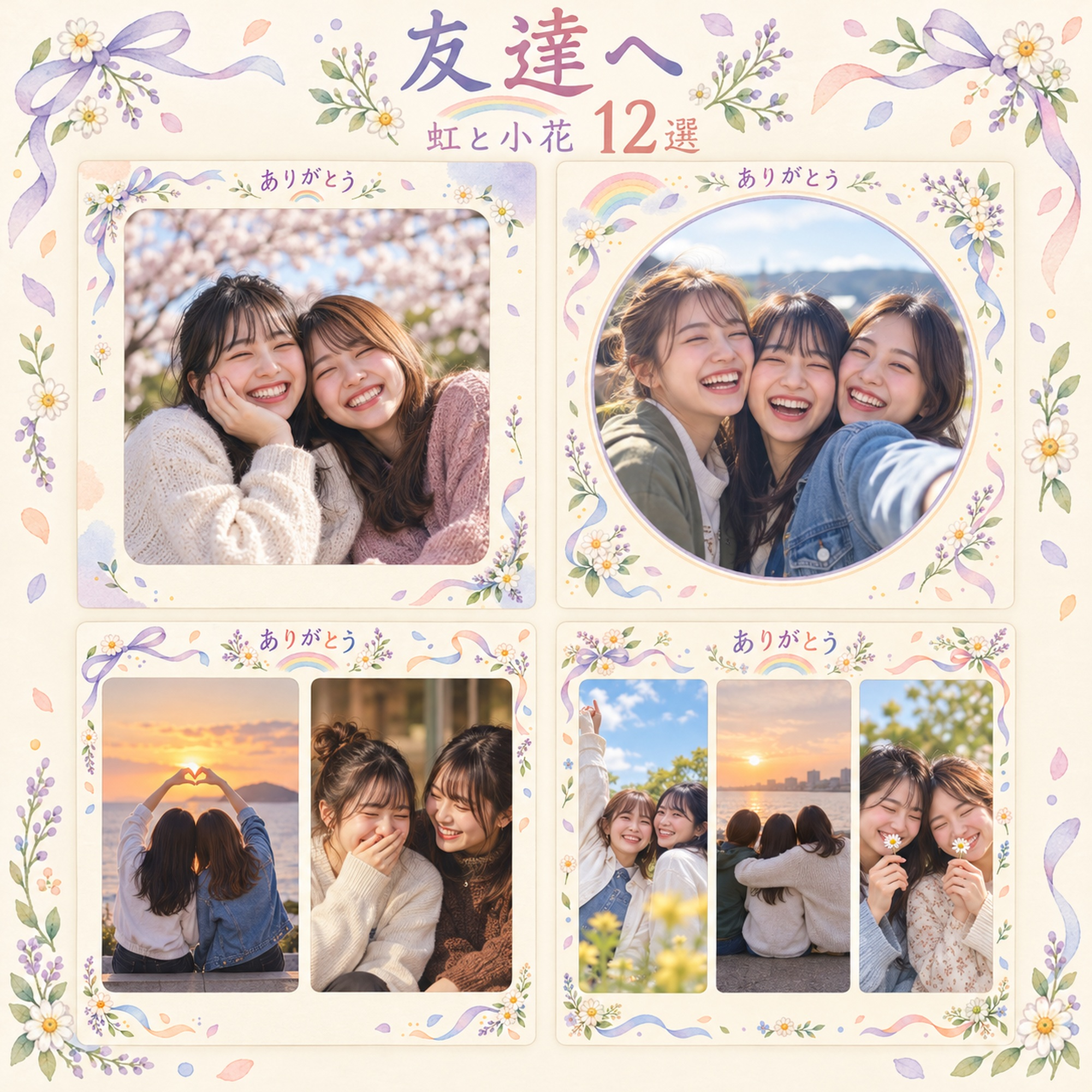 友達へ写真フレーム12選｜虹と小花の無料イラスト素材 101428に写真・文字を入れる