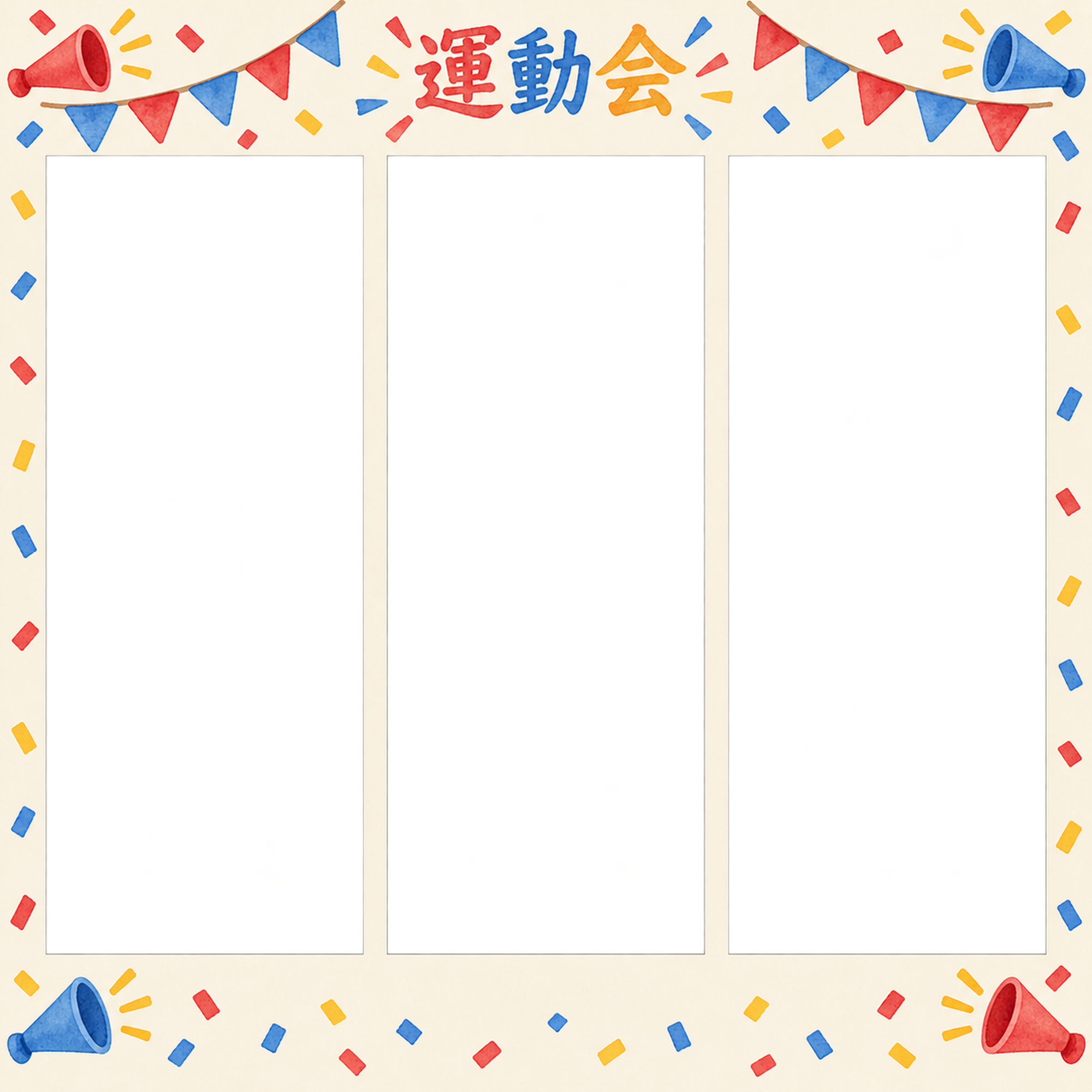 応援の写真フレーム｜メガホンと旗・写真3枚の記録の無料イラスト素材 101432に写真・文字を入れる