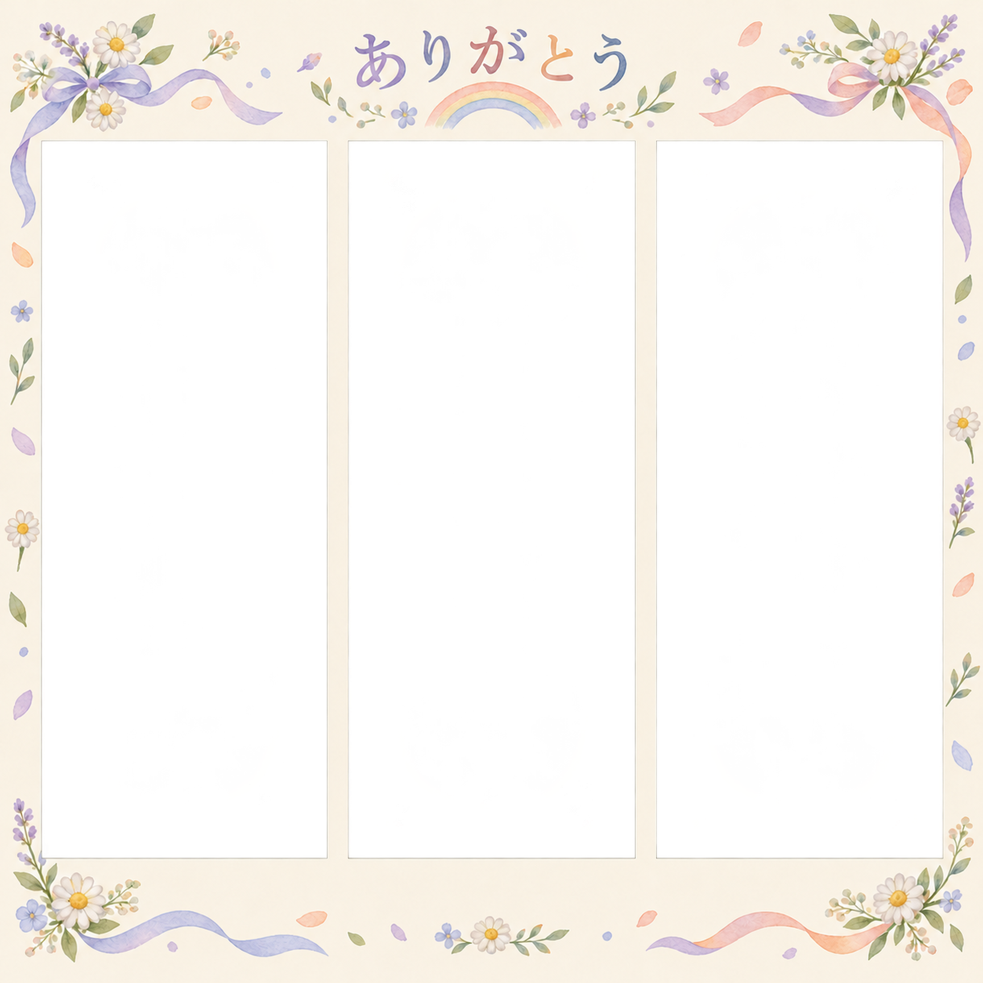 友達への写真フレーム｜虹と小花・写真3枚の記録の無料イラスト素材 101443に写真・文字を入れる
