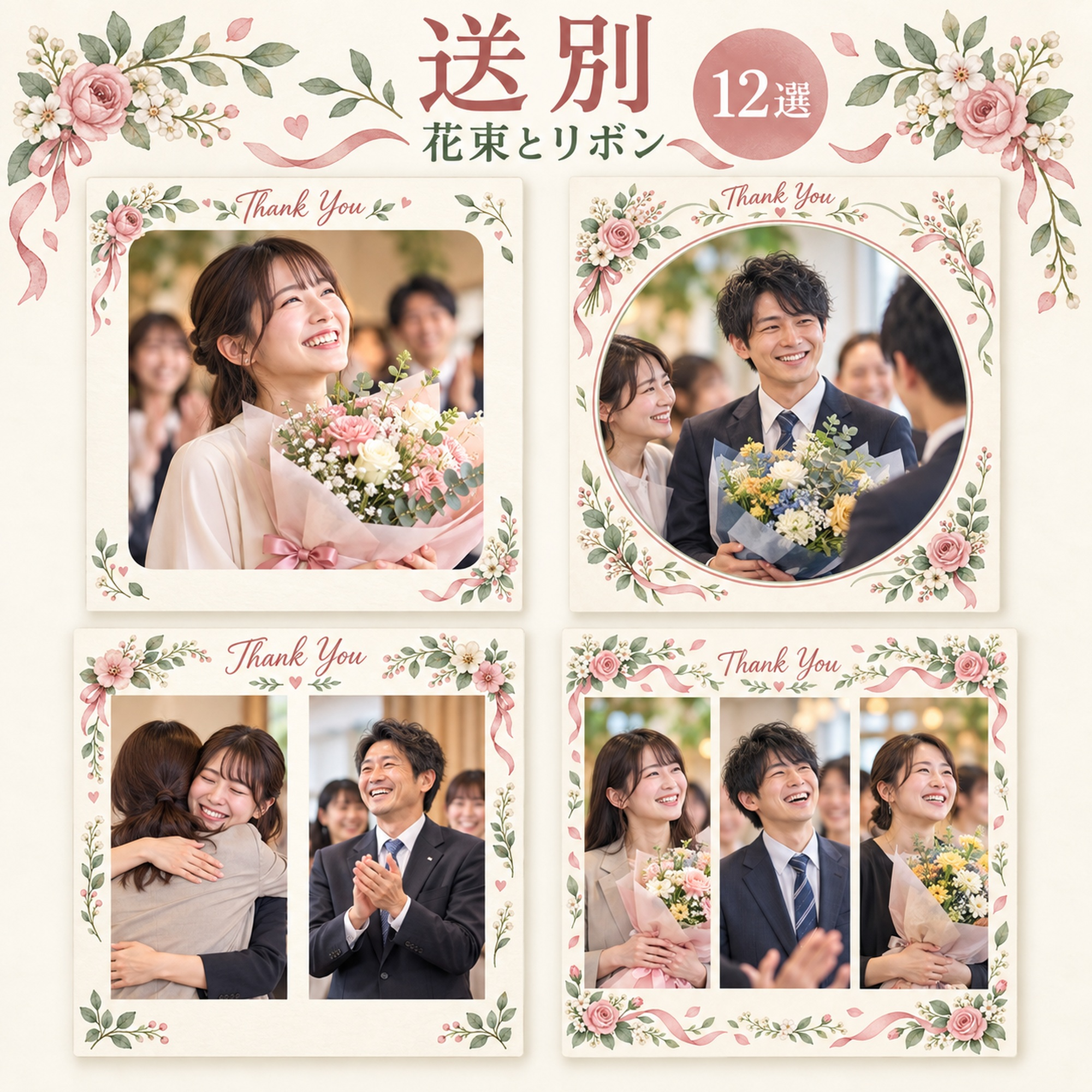 送別写真フレーム12選｜花束とリボンの無料イラスト素材 101455に写真・文字を入れる
