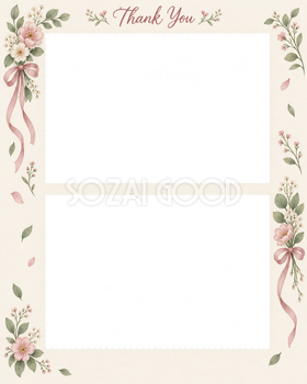 送別の写真フレーム｜花束とリボン・上下2枚の記念写真の無料イラスト素材 101467