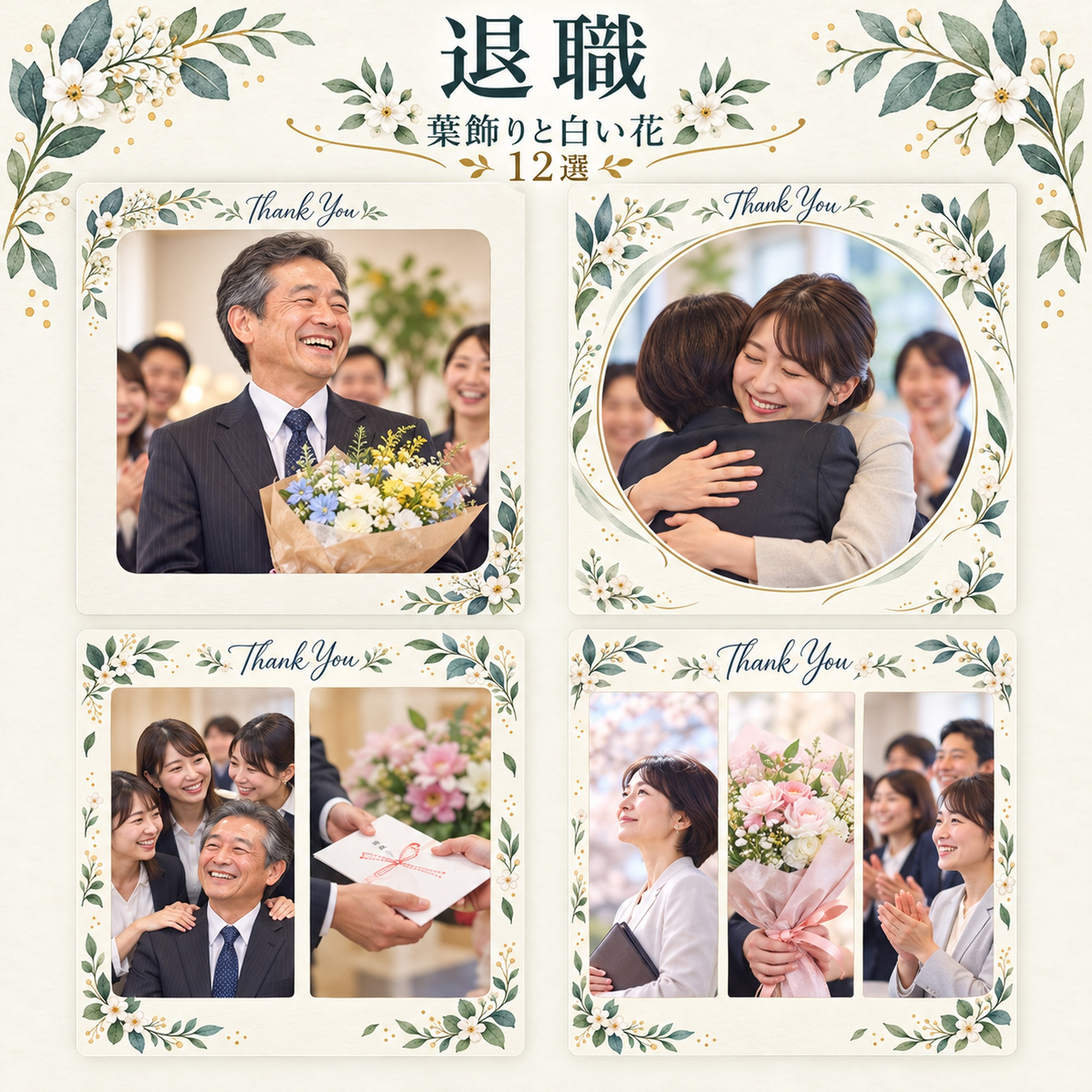 退職写真フレーム12選｜葉飾りと白い花の無料イラスト素材 101486に写真・文字を入れる